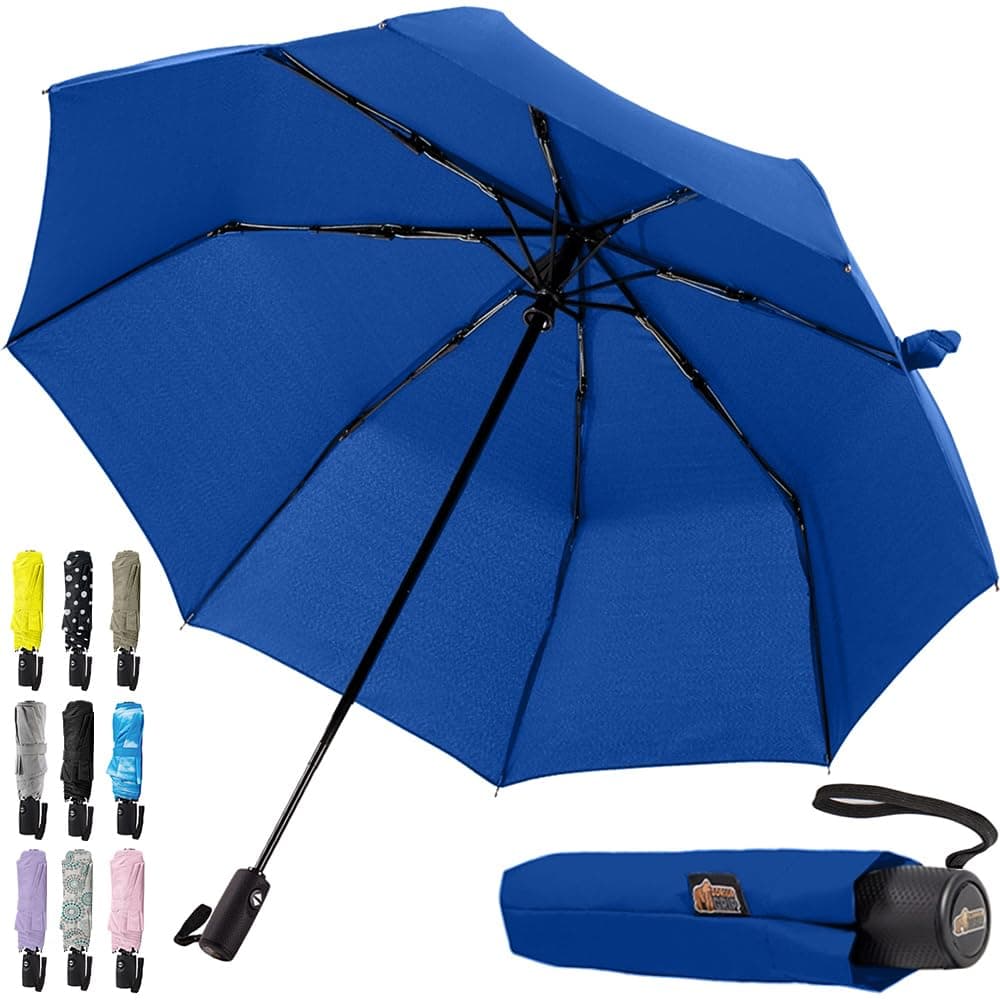 GORILLA GRIP Strong Windproof Stick Compact Umbrella for Rain, One-Click Automatic Open and Close, Durable Quick Dry Waterproof Material, Lightweight and Portable, Travel Size Fits Backpack, Navy
