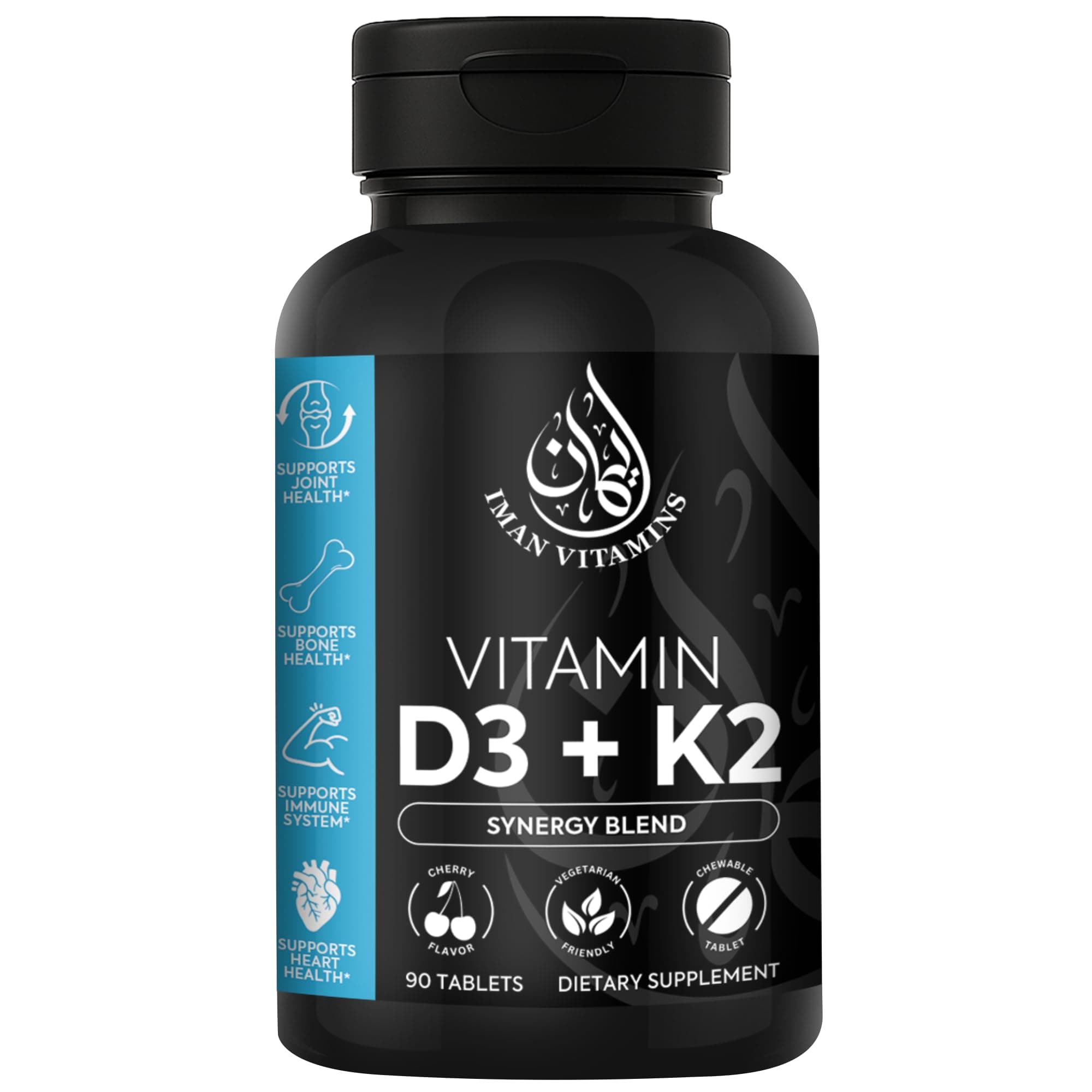 Halal Vitamin D3 with K2 Chewable Tablets - Vitamin D 2000 iu + Menaquinone-7 (MK7) | Supports Heart Health, Bones, and Muscles Health | 90 Count for Men and Women