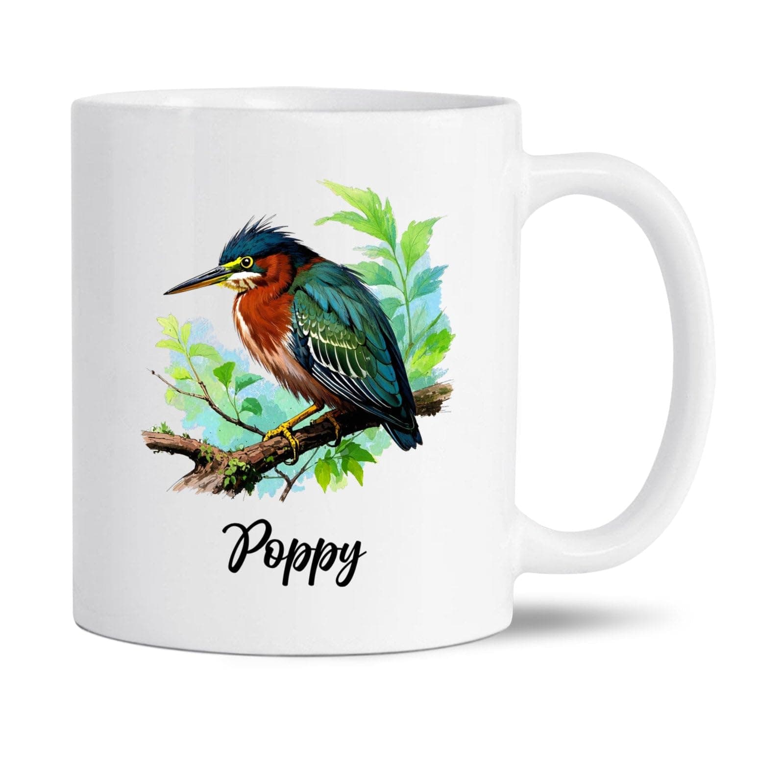 Personalized Green Heron Ceramic Mug, Bird Enthusiast Cup Gift, Customized Name Green Heron Bird Lovers White Coffee Mug 11Oz 15Oz, Birds Watercolor Mugs, Herons Travel Cup Gifts For Men Women
