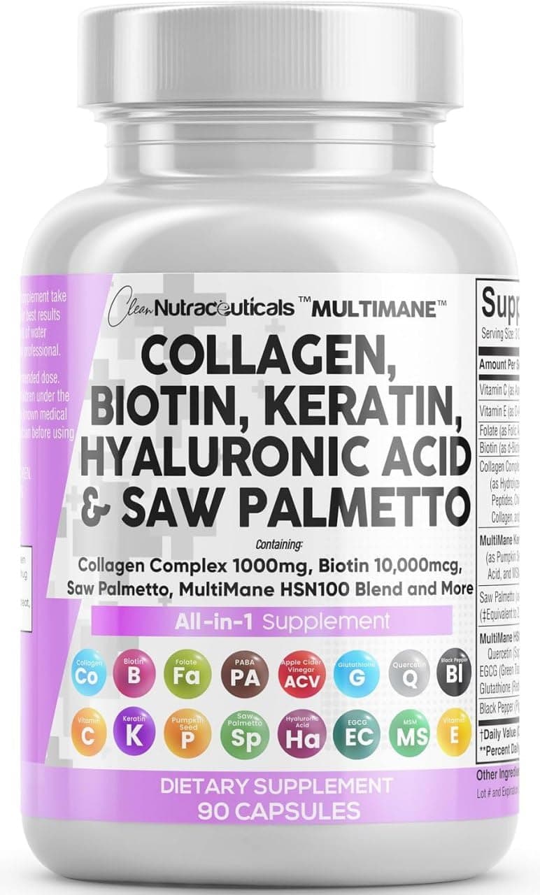 Collagen Pills 1000mg Biotin 10000mcg Keratin Saw Palmetto Hyaluronic Acid - Hair Skin & Nails Vitamins & DHT Blocker with Vitamin E Folic Acid Pumpkin Seed MSM - 90 Count