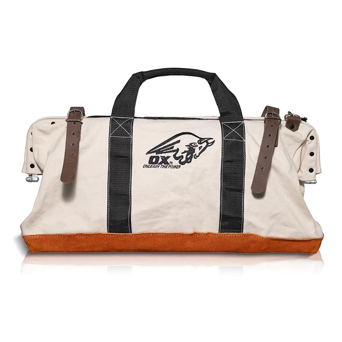 OX Tools Large Canvas Tool Bag 24 Inch Wide with Heavy Duty Masonry Tool Bag Straps and Reinforced Frame with Suede Leather Bottom for Construction Workers OX-P262924