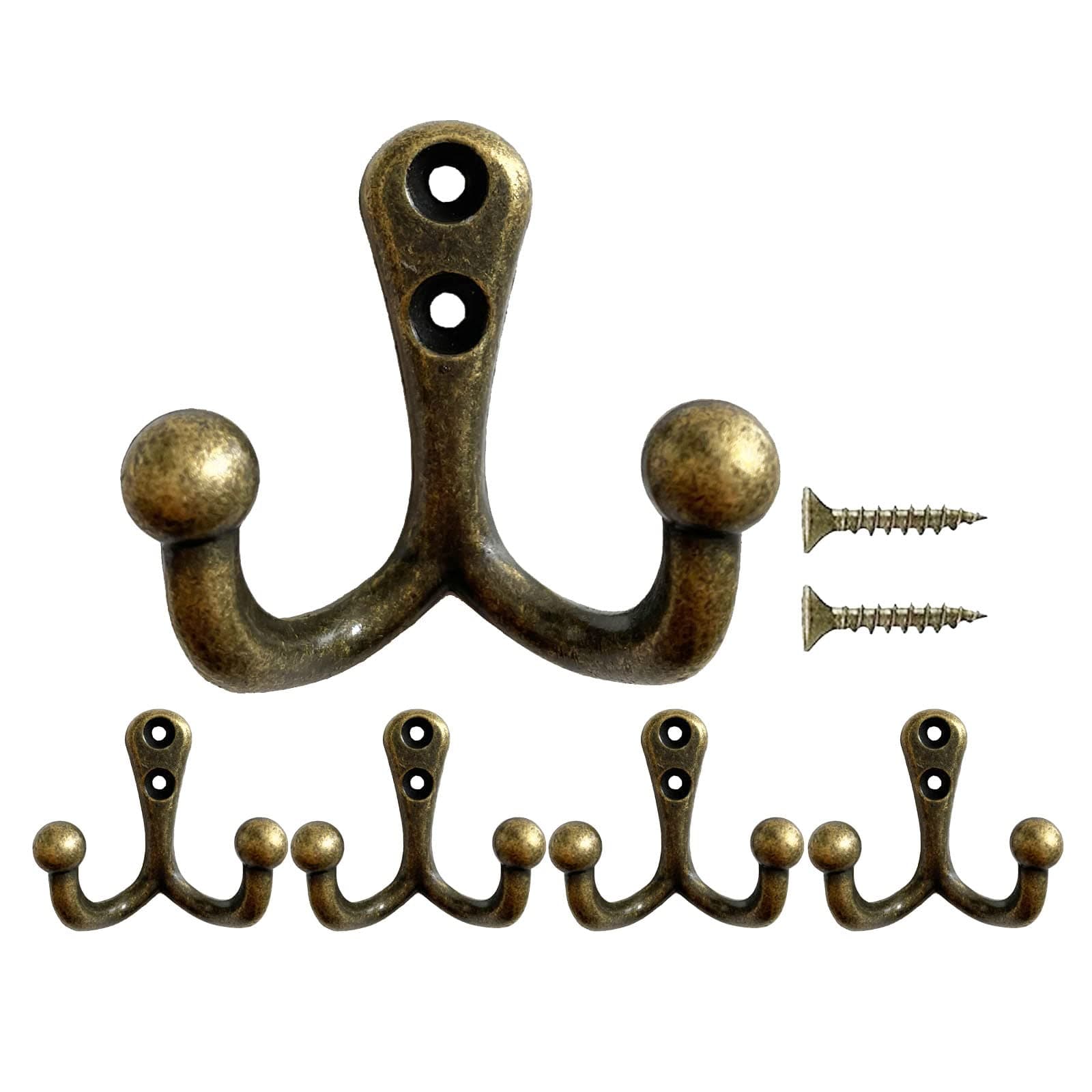 Beilala Coat Hooks Wall Mounted, 5 Pack Bronze Heavy Duty Double Prong Vintage Hook with Screws for Hanging Clothes Robe Towel Hat Key Bag Cup