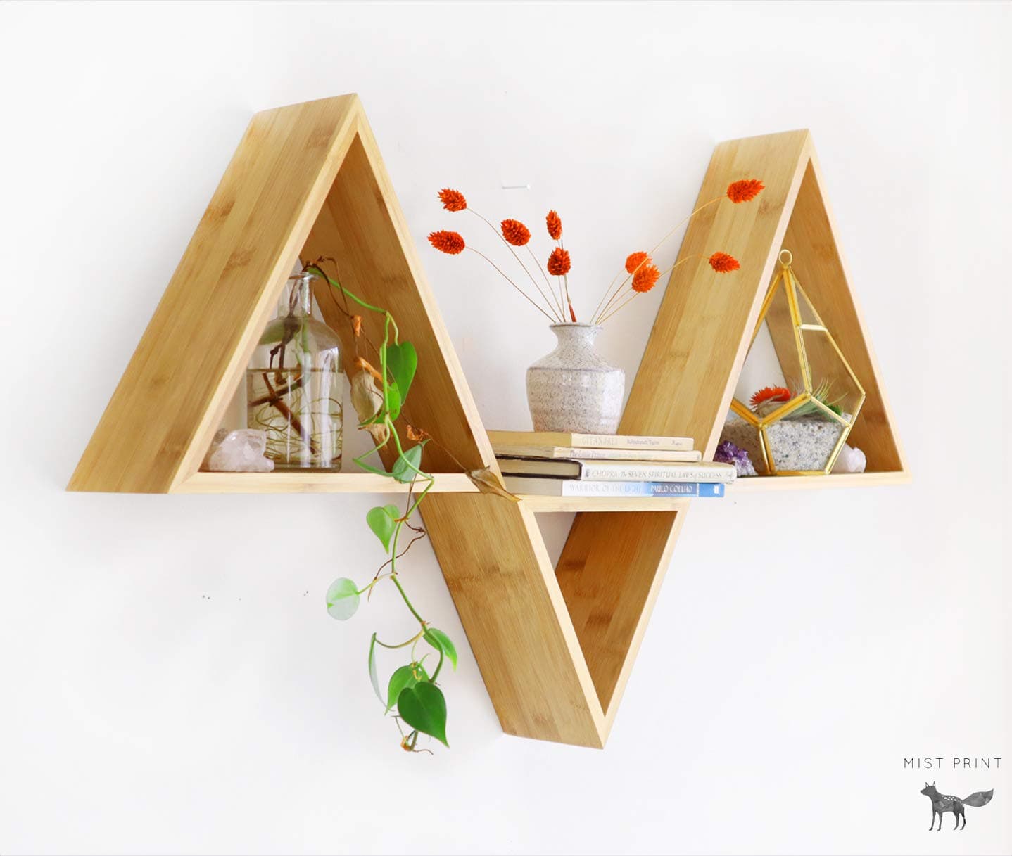 Bamboo Triangle Shelves, Wood Floating Shelf, Boho Decor