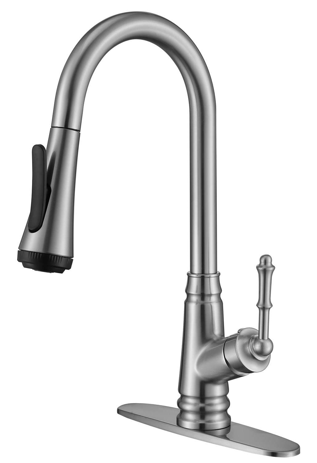 AUKTOPT Kitchen Sink Faucet with Pull Down Sprayer, Brushed Nickel Single Handle PullOut Spray with Deck Plate