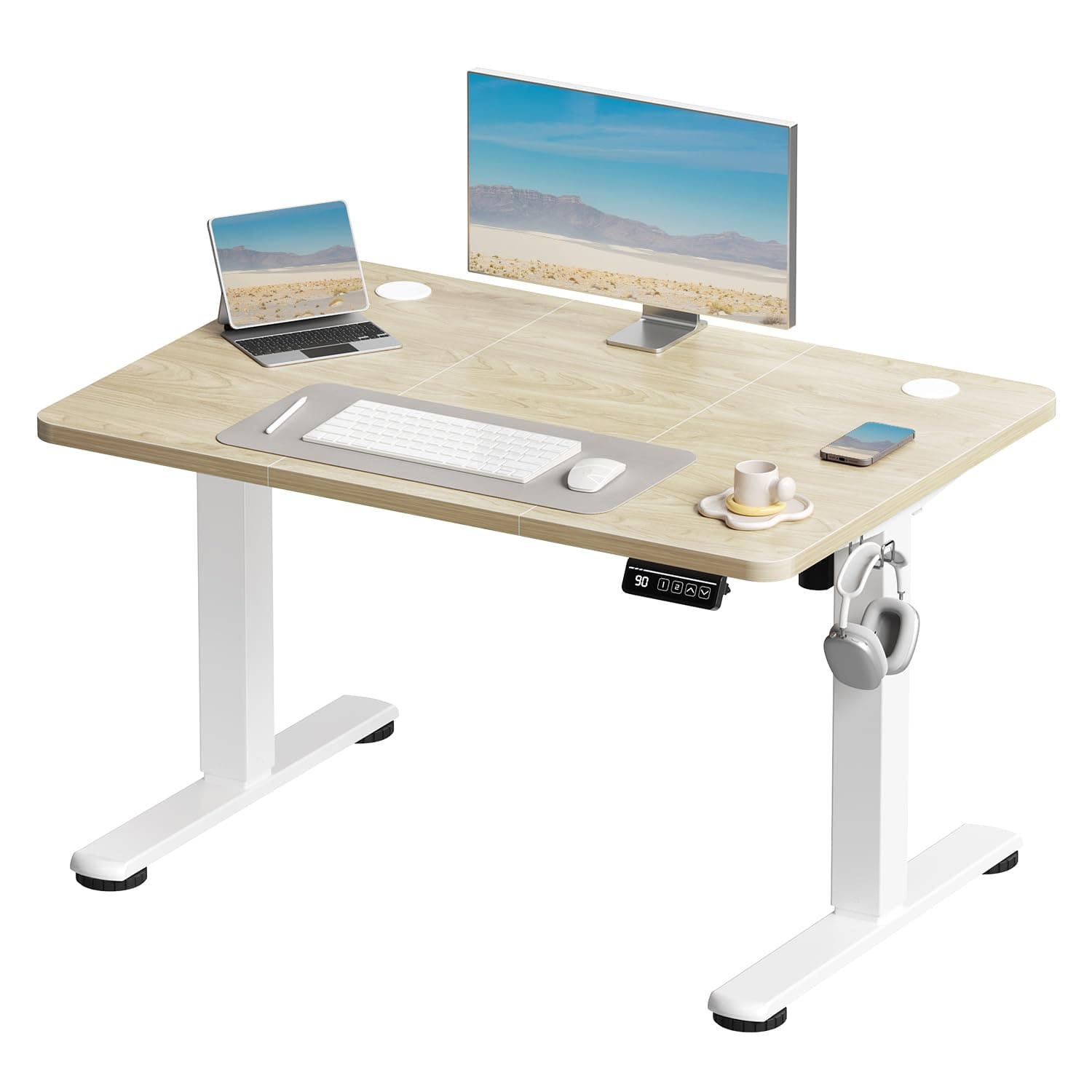 Devoko Electric Standing Desk 100x60cm Sit Stand Table Height Adjustable Desk with Backpack Hook and Memory Smart Pannel, Home Office Table with Splice Board, Beige