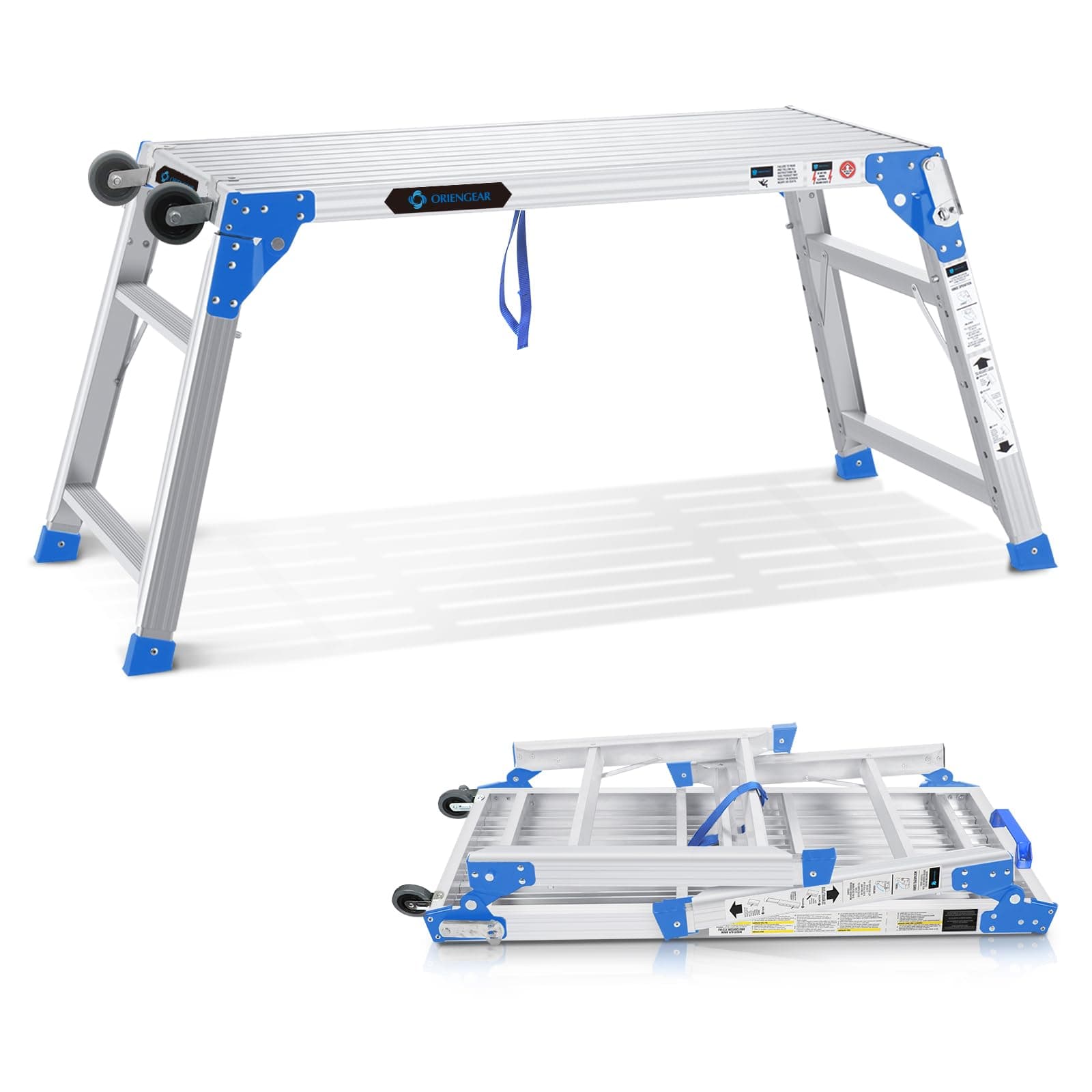 ORIENGEAR Adjustable Work Platform with Wheels, Support 330 lbs Height 24 to 35 inches Portable Aluminum Step Stool Folding Ladder Non Slip for Household Office Cleaning & Washing, Blue
