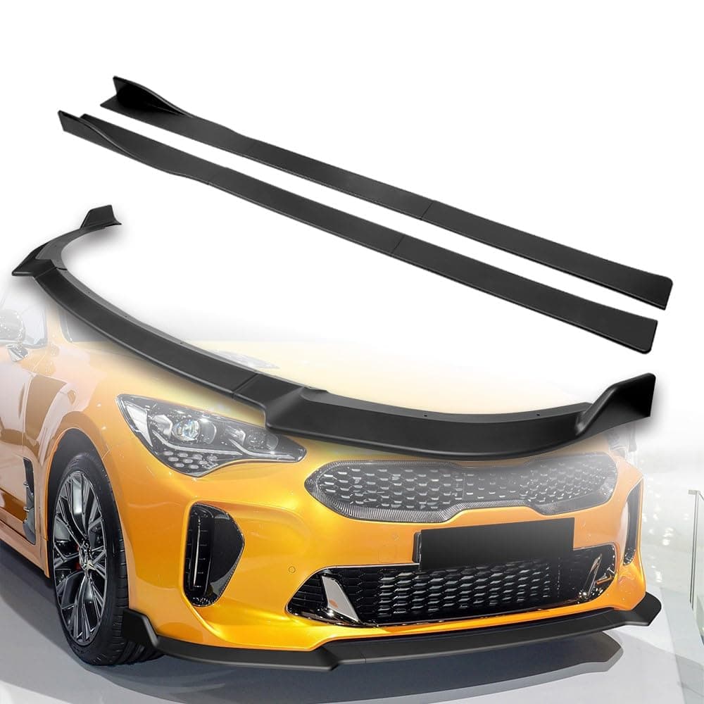 9pcs Combo Front Bumper Body Kit Lip + Side Skirt Extensions Diffuser Compatible with 2018-2023 Kia Stinger 2019 2020 2021 2022 (Unpainted Black)