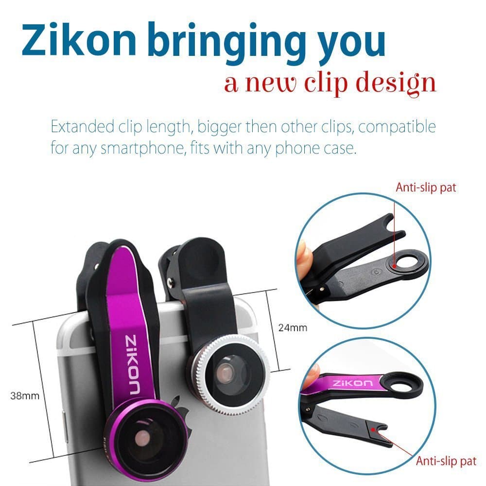 ZiKON 3 in 1 Cell Phone Camera Lens Bundle with 198 Degree Fisheye Lens, 15X Macro Lens, 0.63X Wide Angle Lens and Accessories for Smart Phones - Hot Pink