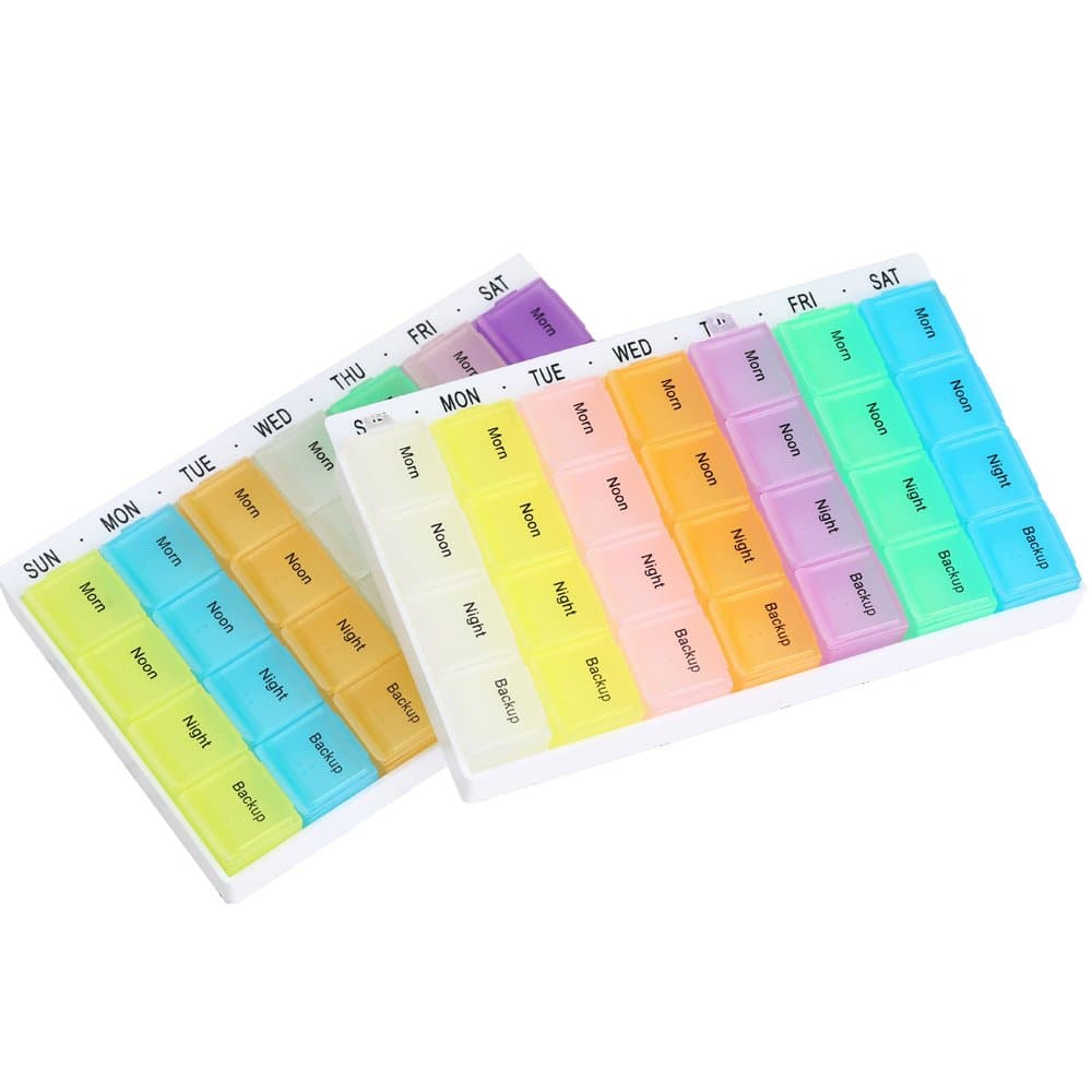 MISUE Pill Organizer Box Weekly Case with Pill Splitter Cutter – Holder –Large Travel Medication Reminder Daily Am PM, Day Night 28 Compartments 7 Day–Medicine Dispenser, 3,4 Times a Day