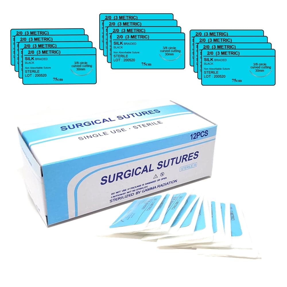 HTI Training Suture Thread 2-0 Silk Sterile with Needle Box of 12 Pcs for Nursing Student Training Kit RN, EMT, Vet Demo