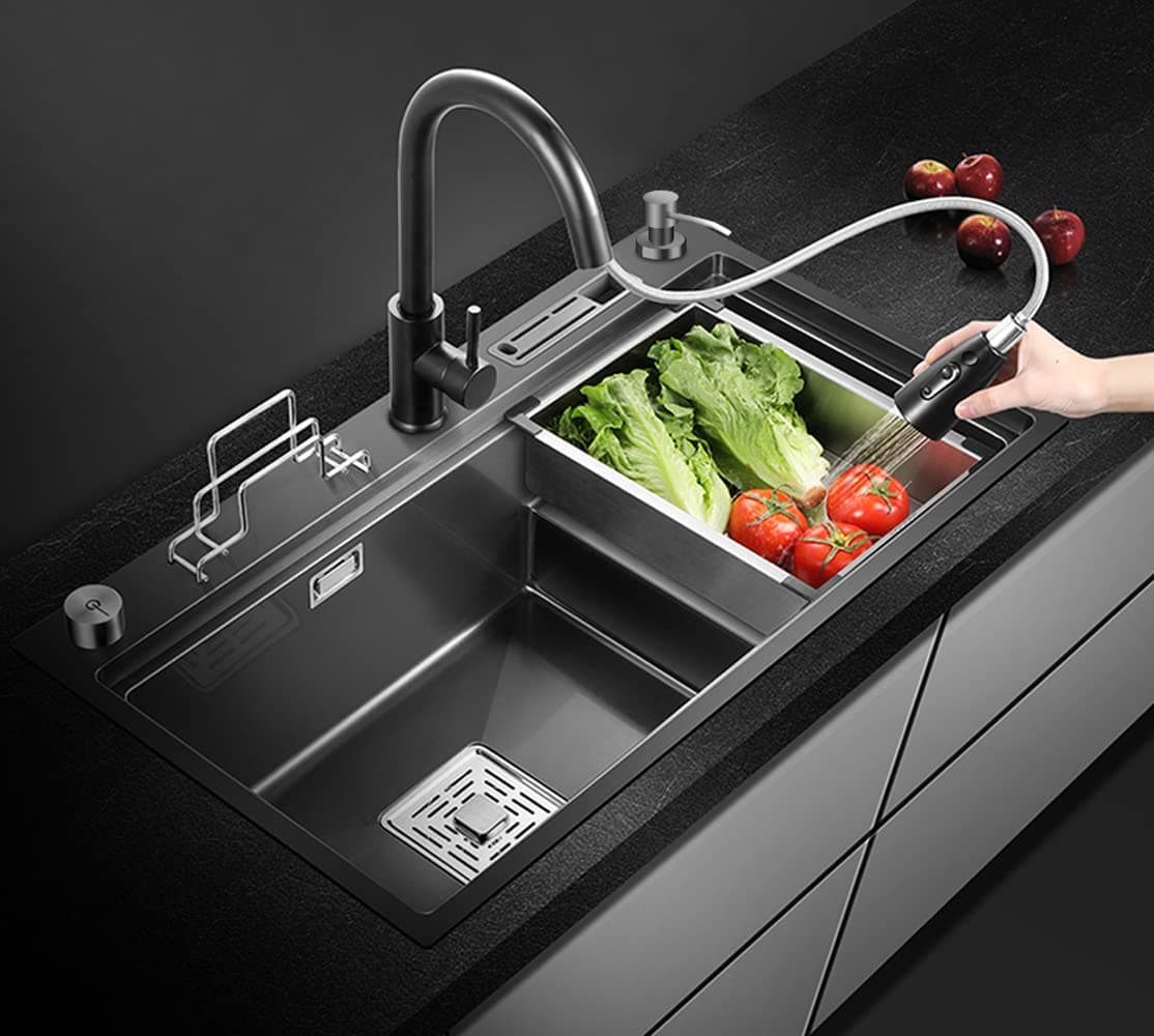 Single Bowl Kitchen Sink, Drop In Top or Under mount, 31.5" Kitchen Sink w/ 4 Holes, Stainless Steel Farmhouse Workstation Sink Kit with Faucet, Basin-in-Basin, Colander, Soap Dispenser (Black)