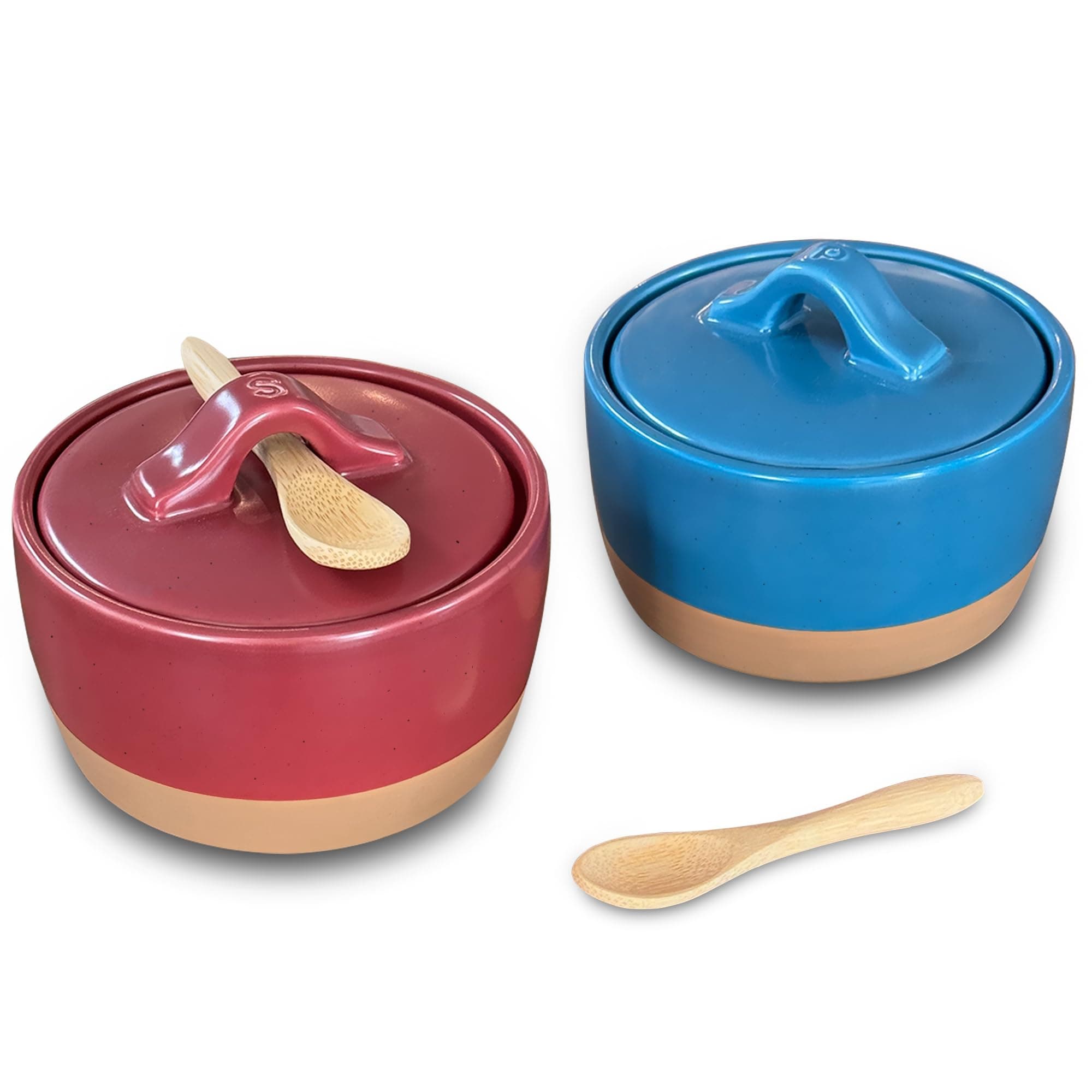 Mora Ceramic Salt and Pepper Cellar Set with Lid - 10 oz Modern Canister/Container/Bowl for Storage, Sea Salt, Spice, Sugar, Countertop - Small Dish/Jar with Wood Spoon, Azure Blue & Crimson Red Crock