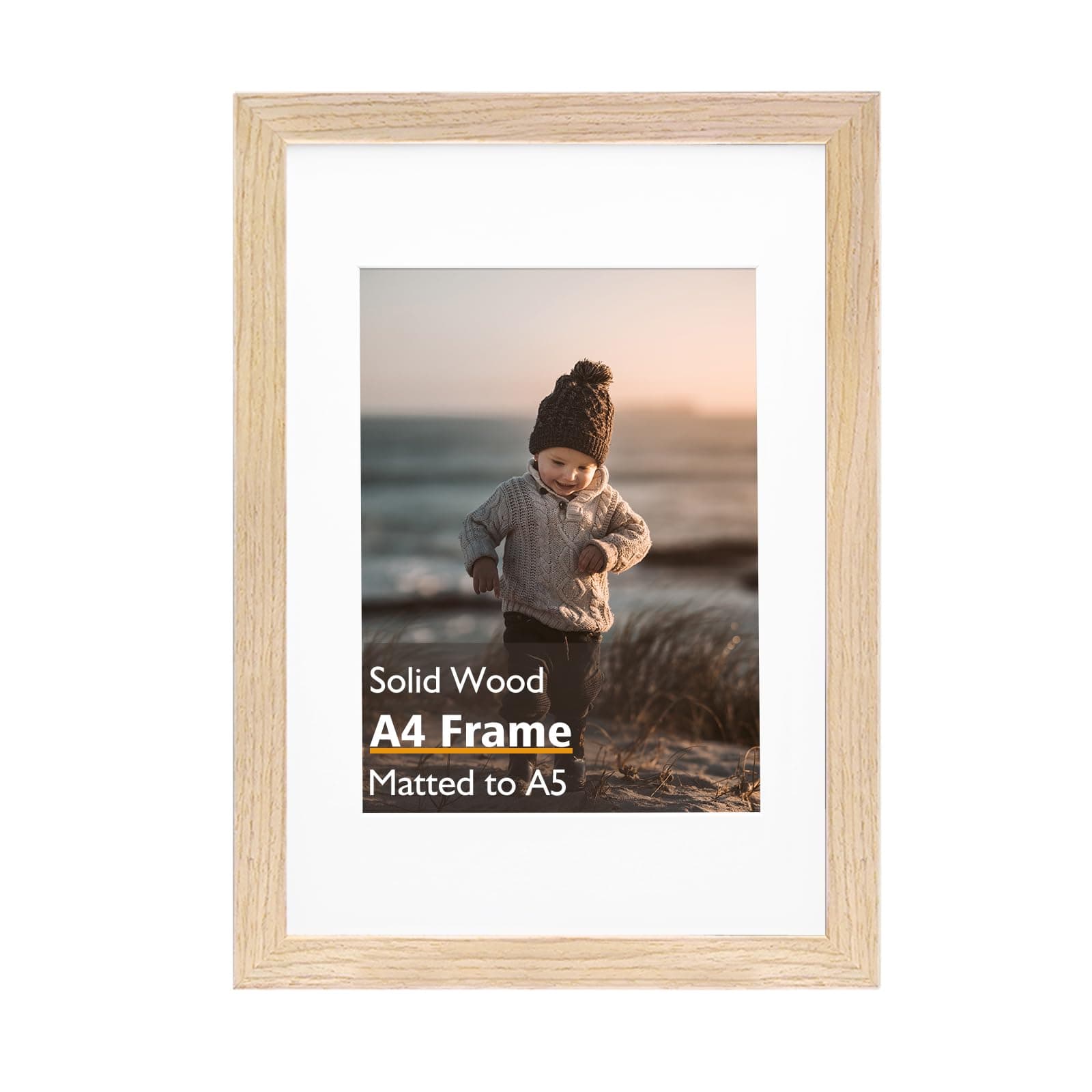KINLINK A4 Picture Frame, Natural Solid Wood Frame with Acrylic Plexiglass for Pictures A5 with Mat or A4 without Mat, Tabletop and Wall Mounting Display Photo Frame 1 Pack