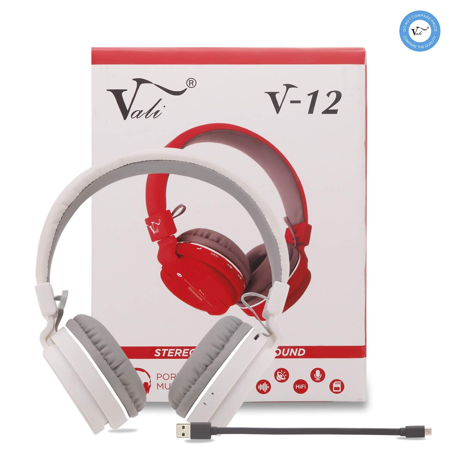 Vali V-12 On Ear Bluetooth Wireless White Colour Stereo Dynamic Extra Bass Headphone iOS and Android Compatible and in-Built Microphone, 3.5mm Aux Connection, High Fidelity (HiFi),Support SD Card.