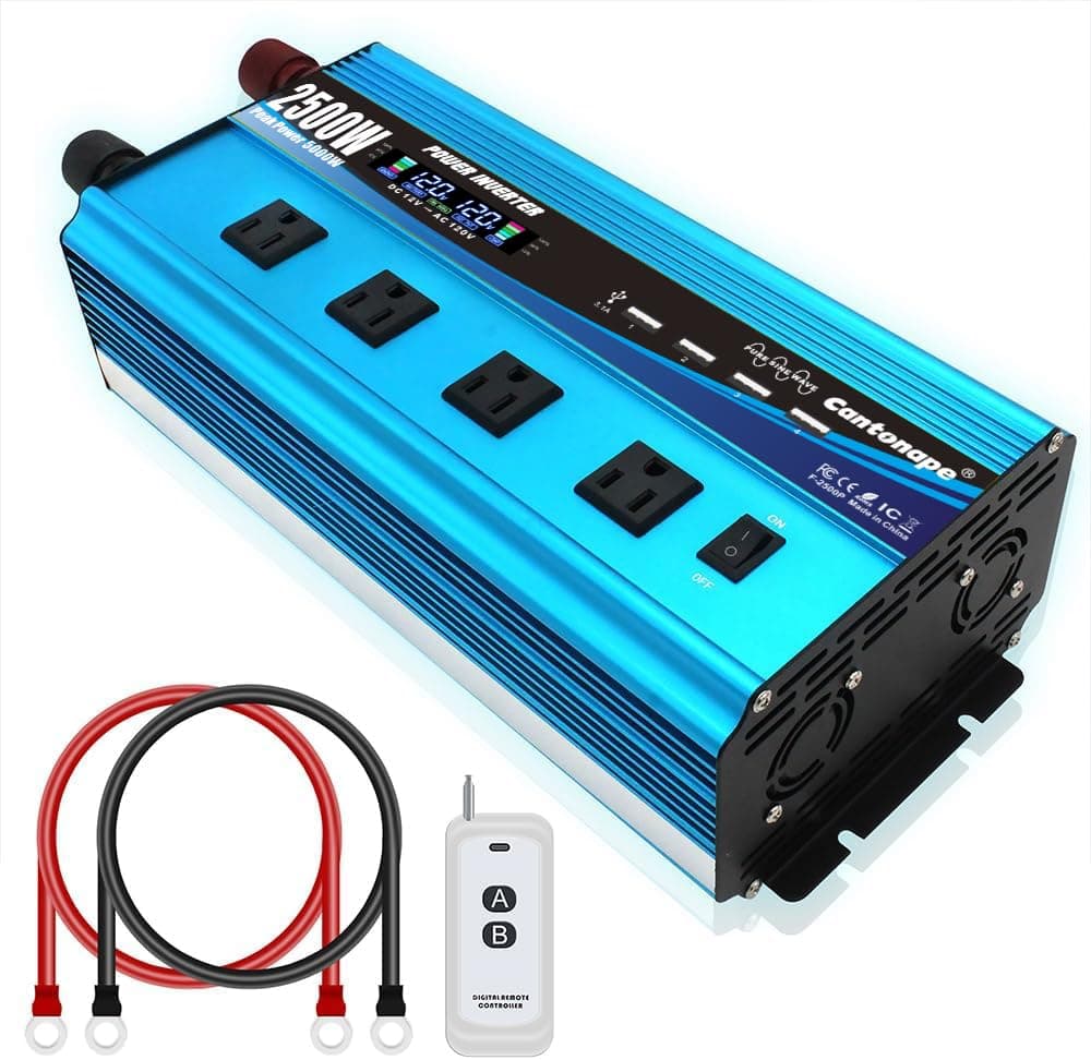 2500W Pure Sine Wave Inverter DC 12V to 110V/120V AC with LCD Display, 4 AC Outlets, Wireless Remote Control Car Power Inverter for Outdoor RV Camping Truck