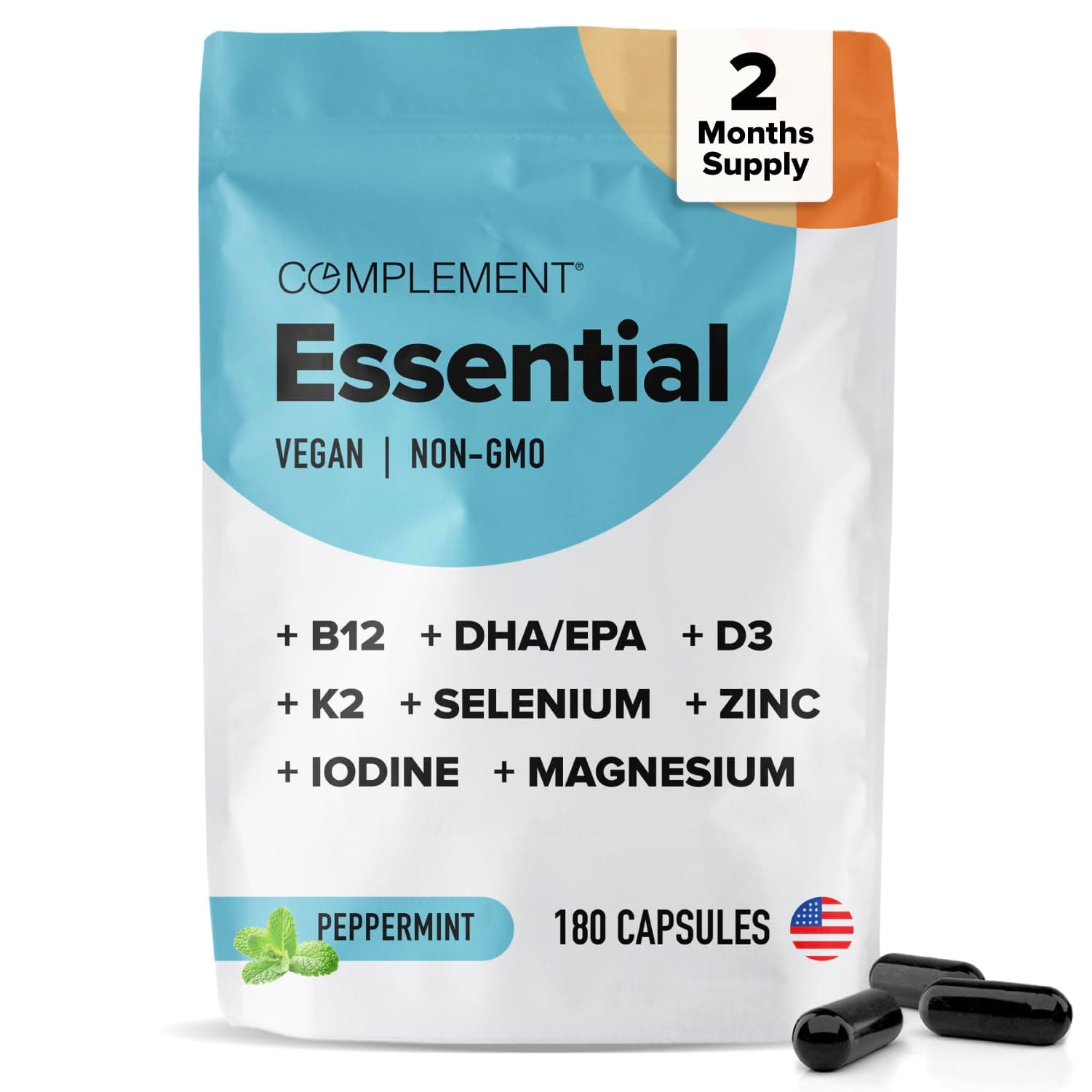 Complement Essential Vegan Multivitamin for Men & Women (60 Servings, 180 Capsules) with Omega-3 DHA & EPA, B12, Vitamin D3 & K2, Zinc, Selenium, Magnesium, Iodine - Supports Immunity & Overall Health