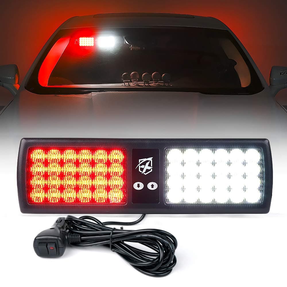 Xprite White Red 48 LED Visor Strobe Flashing Light Sun Shield Hazard Warning Light Police Emergency Vehicle Truck