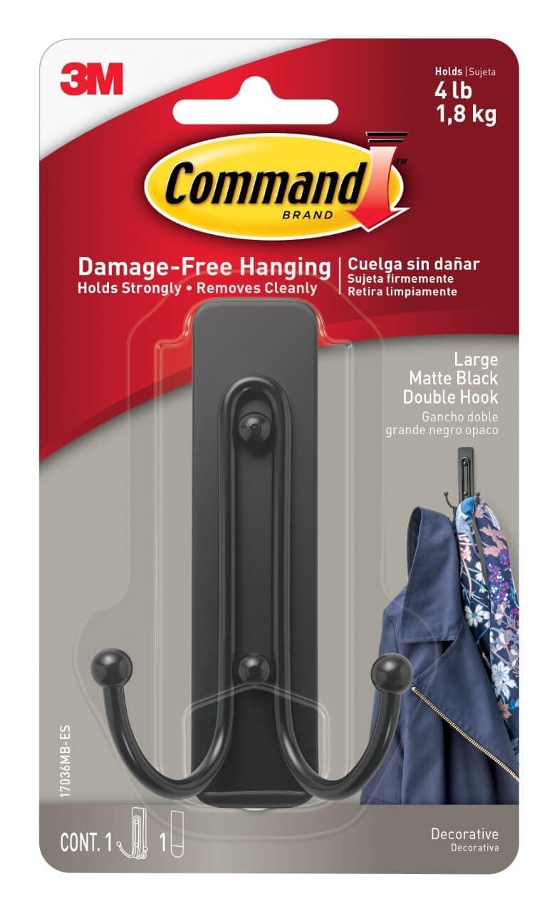 Command Metal Matte Large Double hook Black color, 1 hook and 2 strips/pack | holds 1.8 kg | Organize | Decoration | No Tools | Holds Strongly | Damage-Free Hanging