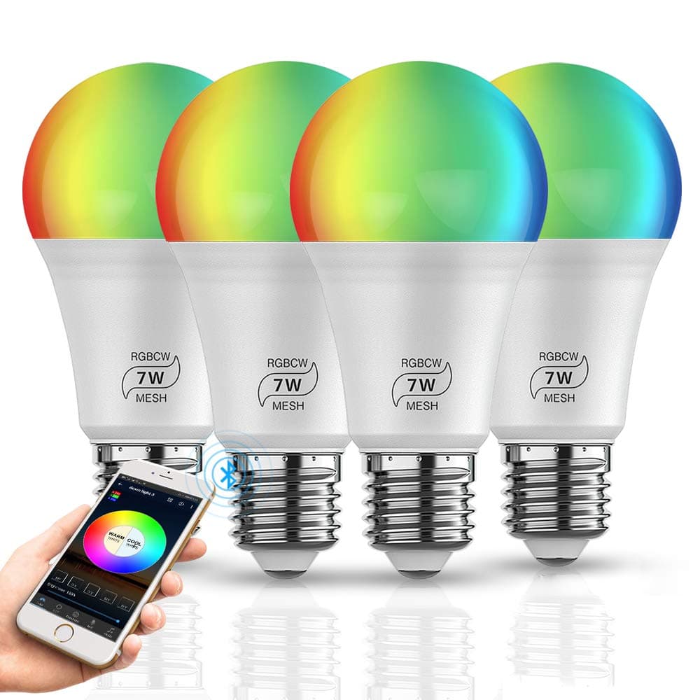 INDARUN Bluetooth Mesh Smart Light Bulb, E26 Dimmable 50 Watt Equivalent (500LM) 5-Channel RGBCW Wireless Smartphone App-Controlled Color Changing LED Bulb for Home Party Holiday Christmas - 4 Pack