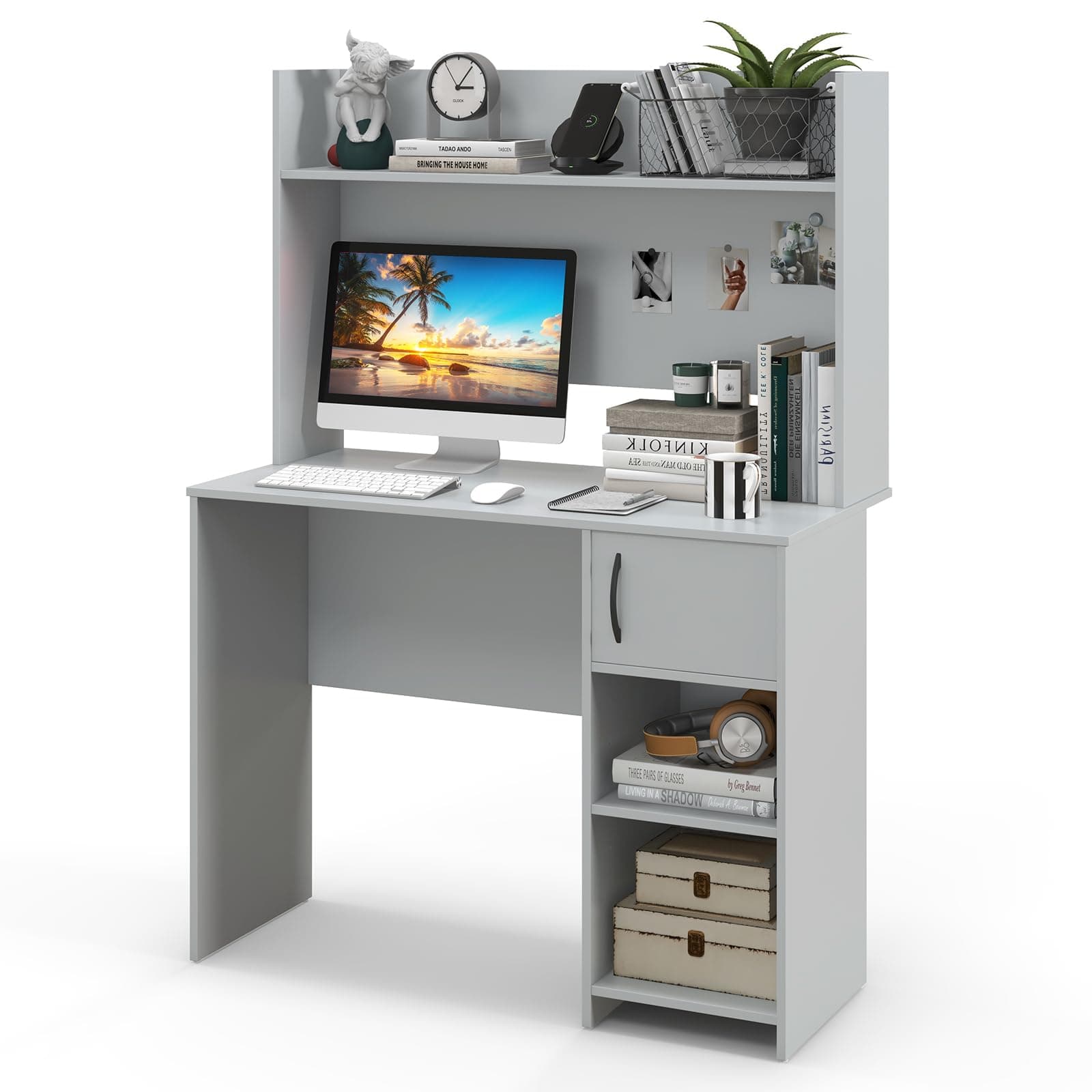 COSTWAY Computer Desk, Modern Writing Workstation PC Laptop Table with Hutch, Storage Bookshelf, Cabinet and Cable Management Holes, Home Office Work Study Desk (Grey)