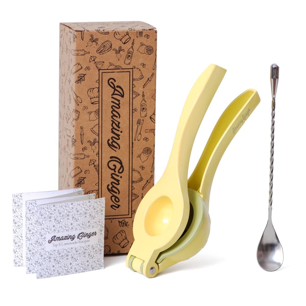 Premium Quality Metal Lemon Squeezer & Mixing Spoon Bundle by Amazing Ginger - Lemonade Recipe Booklet included - Top Rated Manual Lime & Citrus Press Juicer set - Best Kitchen Deals