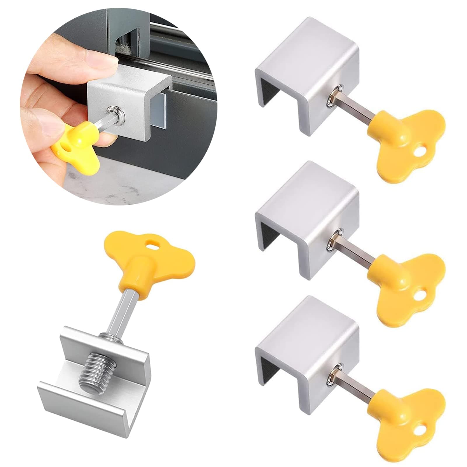 ikeoat 4 Sets Sliding Window Locks, ikeoat Security Window Lock Aluminum with Key, Window Stoppers for Vertical & Horizontal Slide Door, Adjustable Security Locks for Child Home Bedroom and Office