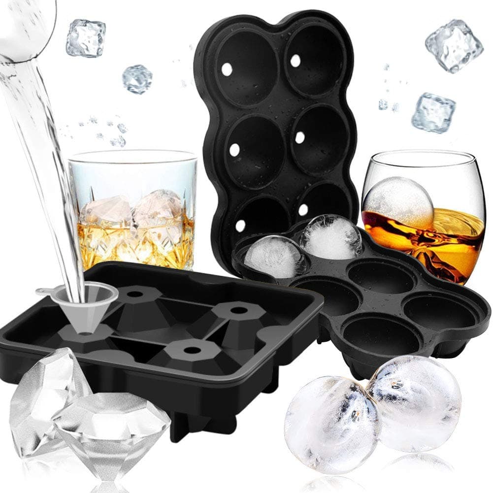 JOHOUSE 2PCS Round Ice Cube Mold, Silicone Ice Cube Molds, Diamond Ice Cube Molds for Whiskey Cocktails & DIY Black