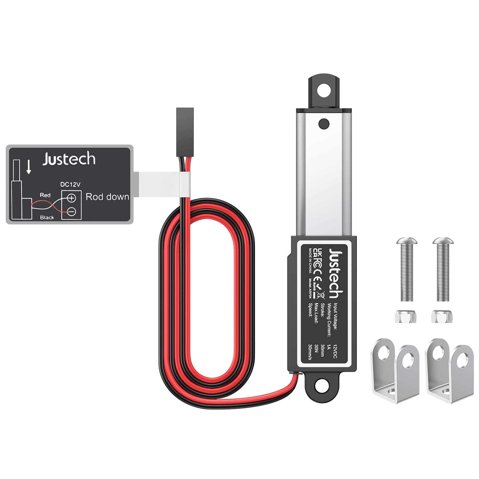 Justech 30N Micro Linear Actuator 12V Actuator Electric Linear Motion Actuator 30mm/s Quick Lifting with Mounting Brackets for Remote Controls, Robotics, Industrial and Medical Applications