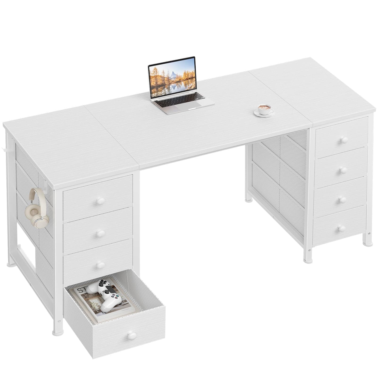 White Computer Desk with Fabric Drawers - 55 inch Writing Study Desk with 8 Drawers Storage on Both Side for Home Office Bedroom
