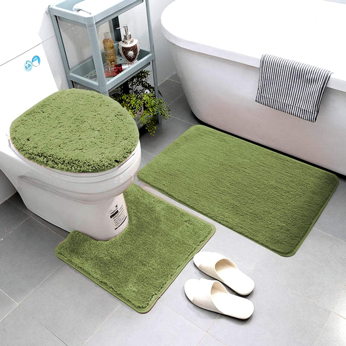 Smart Linen 3 Piece Bathroom Rug Set Includes Bath Rug, Contour Mat and Toilet Lid Cover, Machine Washable, Super Soft Microfiber & Non Slip Bath Rugs with Rubber Backing Solid (Sage Green)