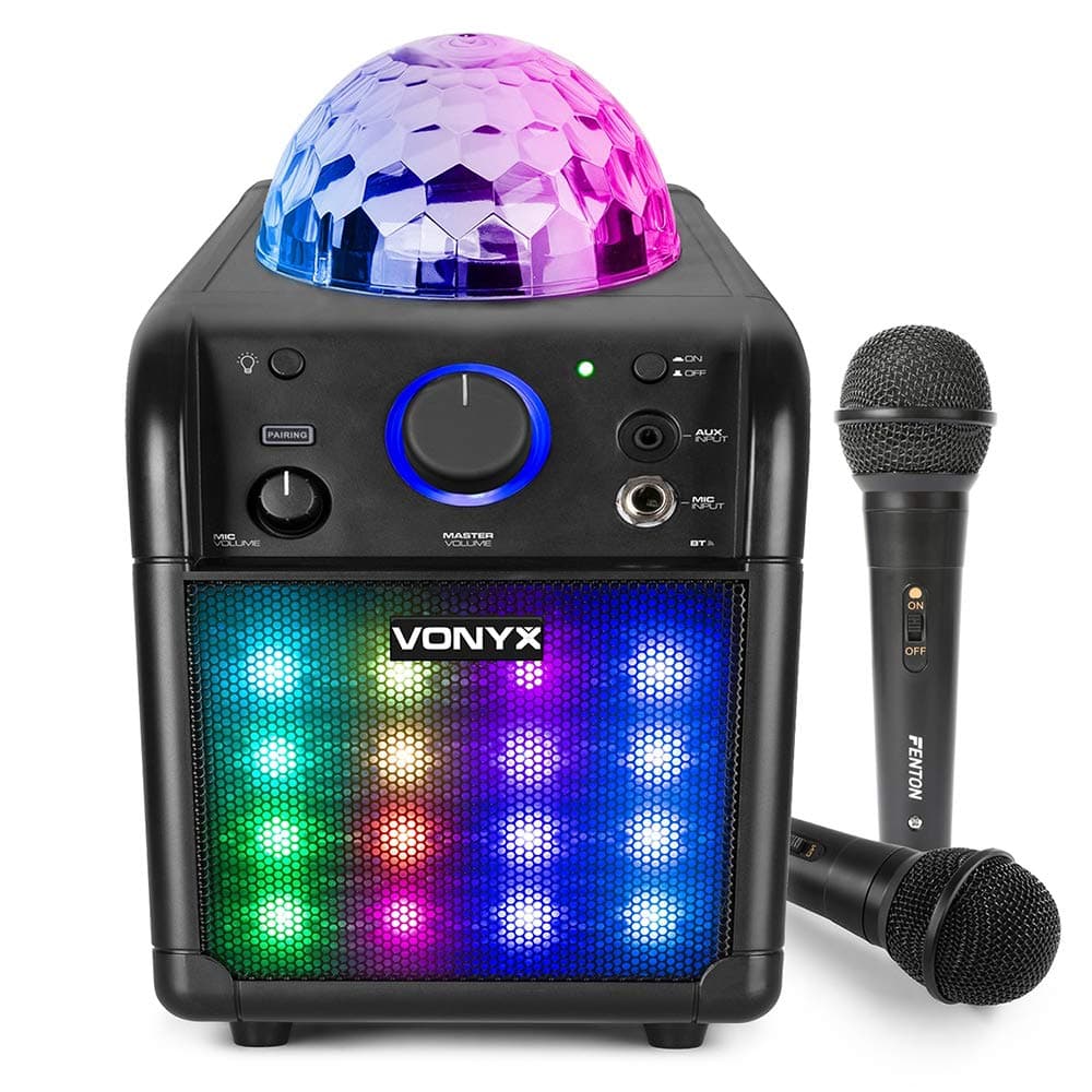 Vonyx SBS50B-PLUS Kids Karaoke Machine Bluetooth Speaker System with 2 Microphones, LED Disco Light Effects & Audio Splitter, Wireless Rechargeable Childrens Karaoke Speaker Kit, Black