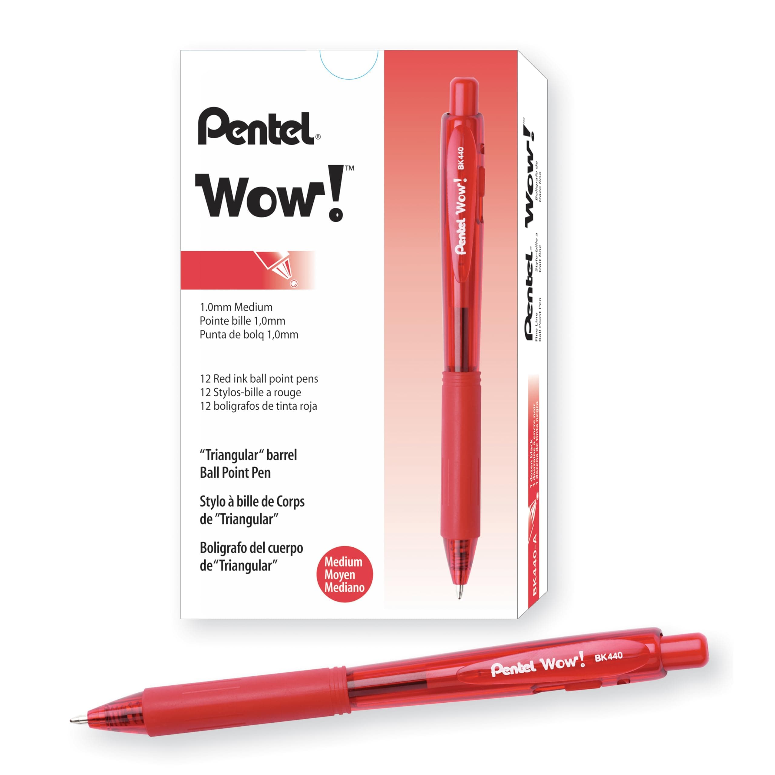 Pentel Wow! Retractable Ballpoint Pen, (1.0mm), Medium Line, Red Ink, Box of 12 (BK440-B)
