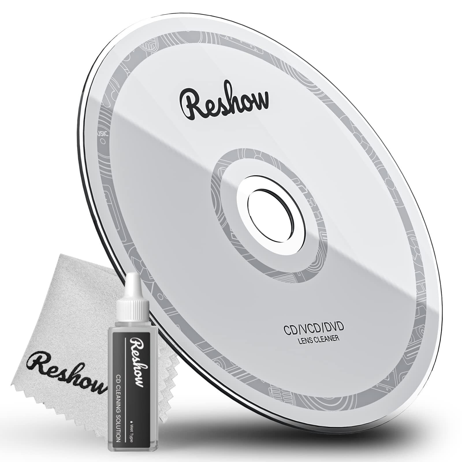 Reshow CD Player Cleaner - Laser Lens and Disc Cleaning Set for CD/VCD/DVD Player, Includes Microfiber Cloth, Cleaning Disc and Solution