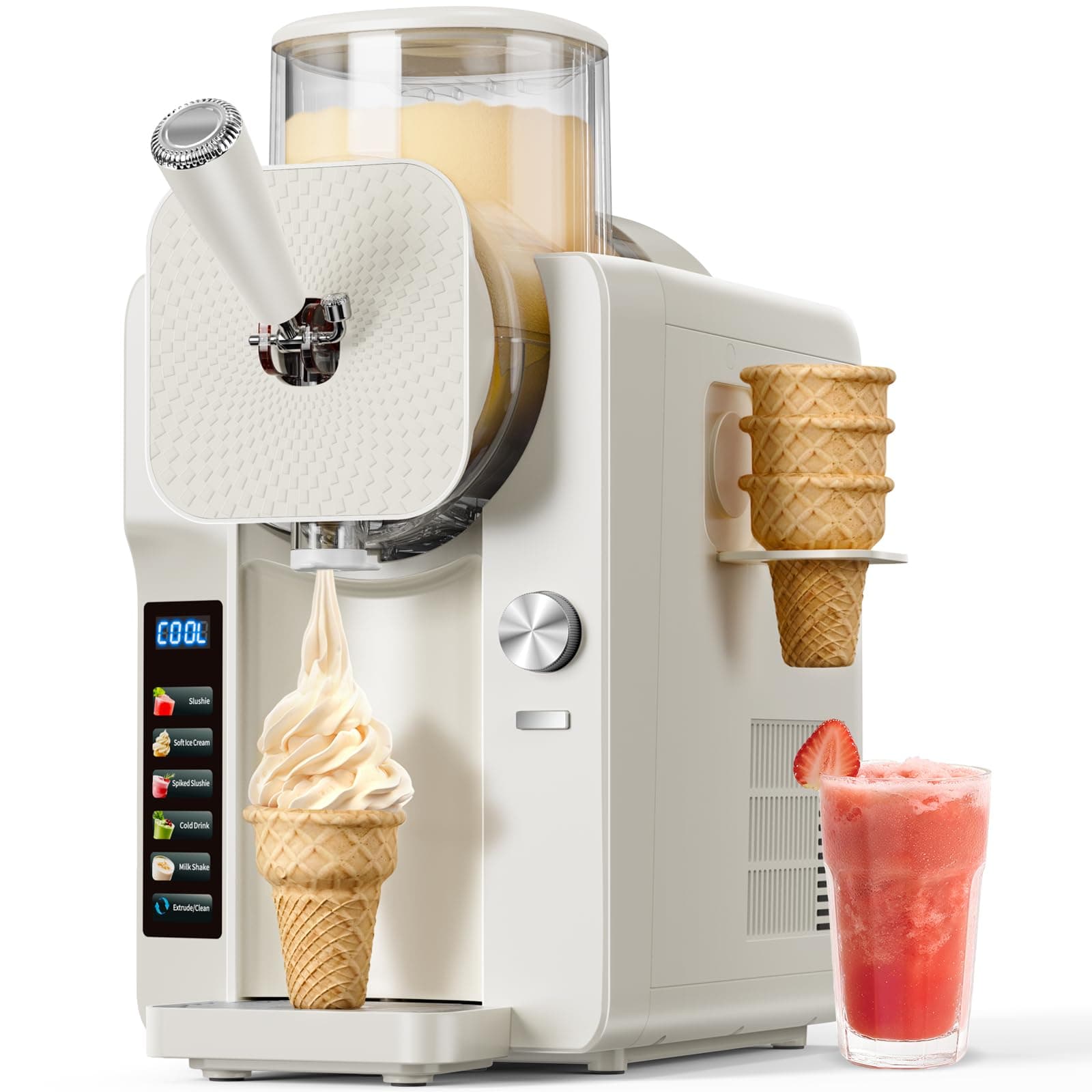 Slush Machine & Ice Cream Maker Machine 2-IN-1, 6 Modes for Smoothies, Milkshakes, Cocktails, Margarita, and Ice Cream, Double-Layer Tank, With Ice Cream Cone Holder, Self-Cleaning, For Home Use