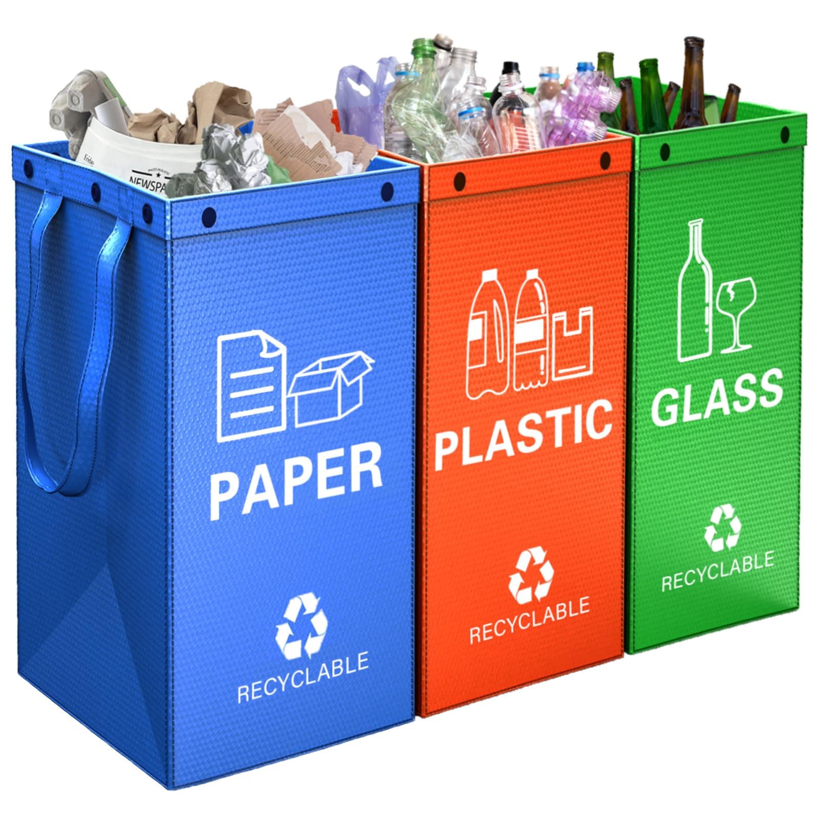 3 Packs Reusable Recycling Bags with Handle Separate Sorting Organizer Waterproof Woven waste Bins bag for Kitchen Home Office