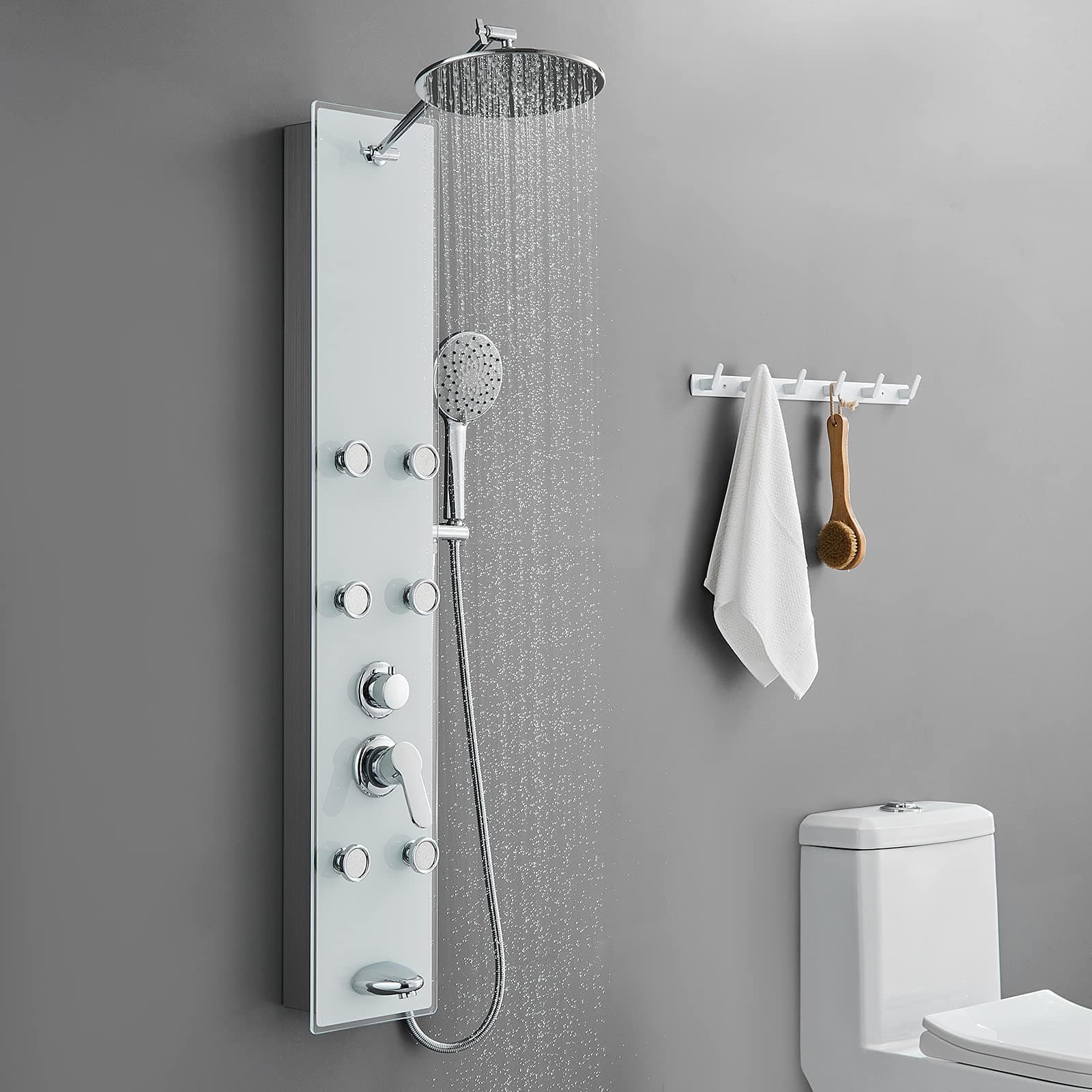 - POPFLY Tempered Glass Shower Panel Tower System, 9" Adjustable Shower Arm Height, 304 Stainless Steel White Shower Panels Tower with 6 Massage Jet and Tub Spout