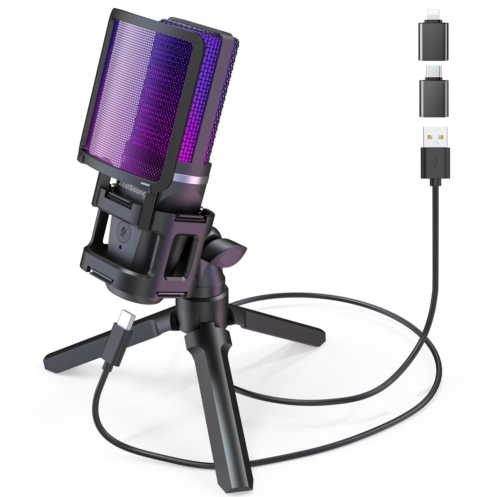 ZealSound Gaming USB Microphone for PC,RGB Condenser Computer Mic with Tripod Stand,Quick Mute,Gain Control for Gaming,Streaming,Podcasting,Recording,ASMR,Cardioid Mic Kit for Laptop/PS4/PS5/Phone