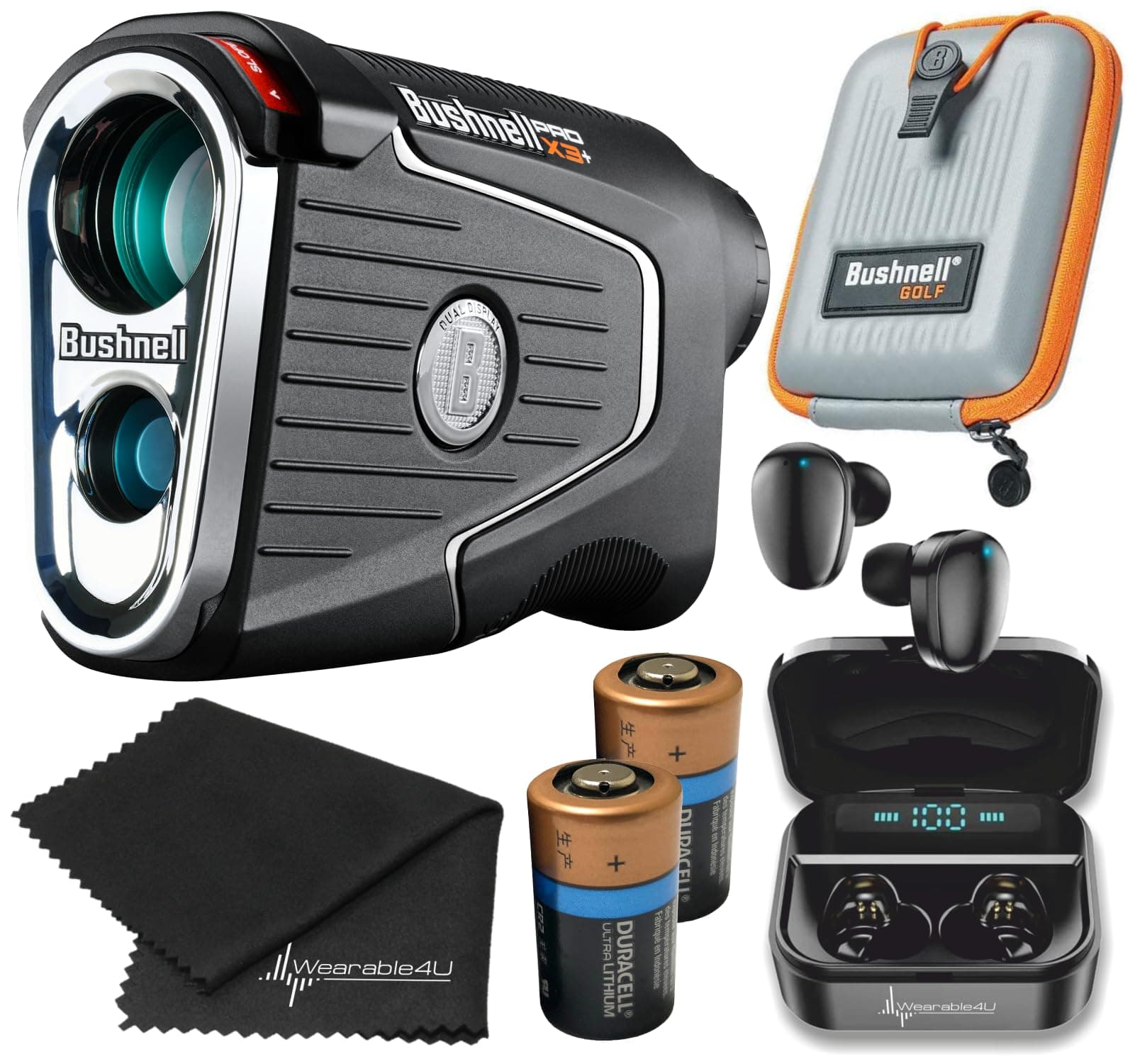 Bushnell PRO X3 / Pro X3+ (Plus) Advanced Laser Golf Rangefinder with Included Carrying Case, Carabiner, Lens Cloth, and Selected Wearable4U Bundle