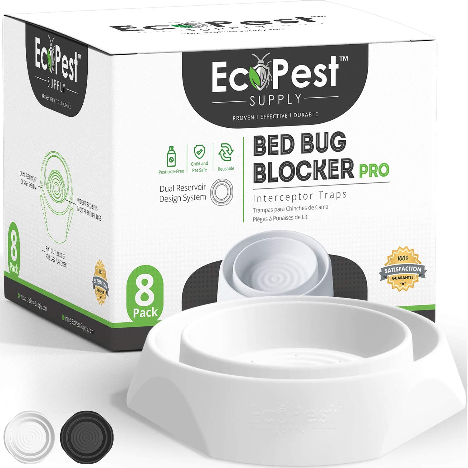 ECOPEST Bed Bug Interceptors – 8 Pack | Bed Bug Blocker (Pro) Interceptor Traps (White) | Insect Trap, Monitor, and Detector for Bed Legs