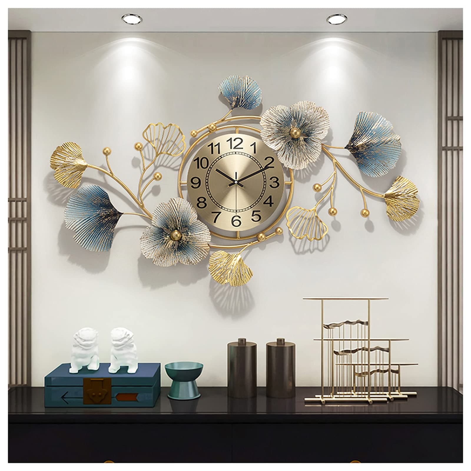 HAOHM Large Modern Silent Decorative Wall Clock,Elegant Wrought Iron Wall Clock Ginkgo Leaf Mute Wall Clock for Living Room Bedroom Hotel Porch.,A