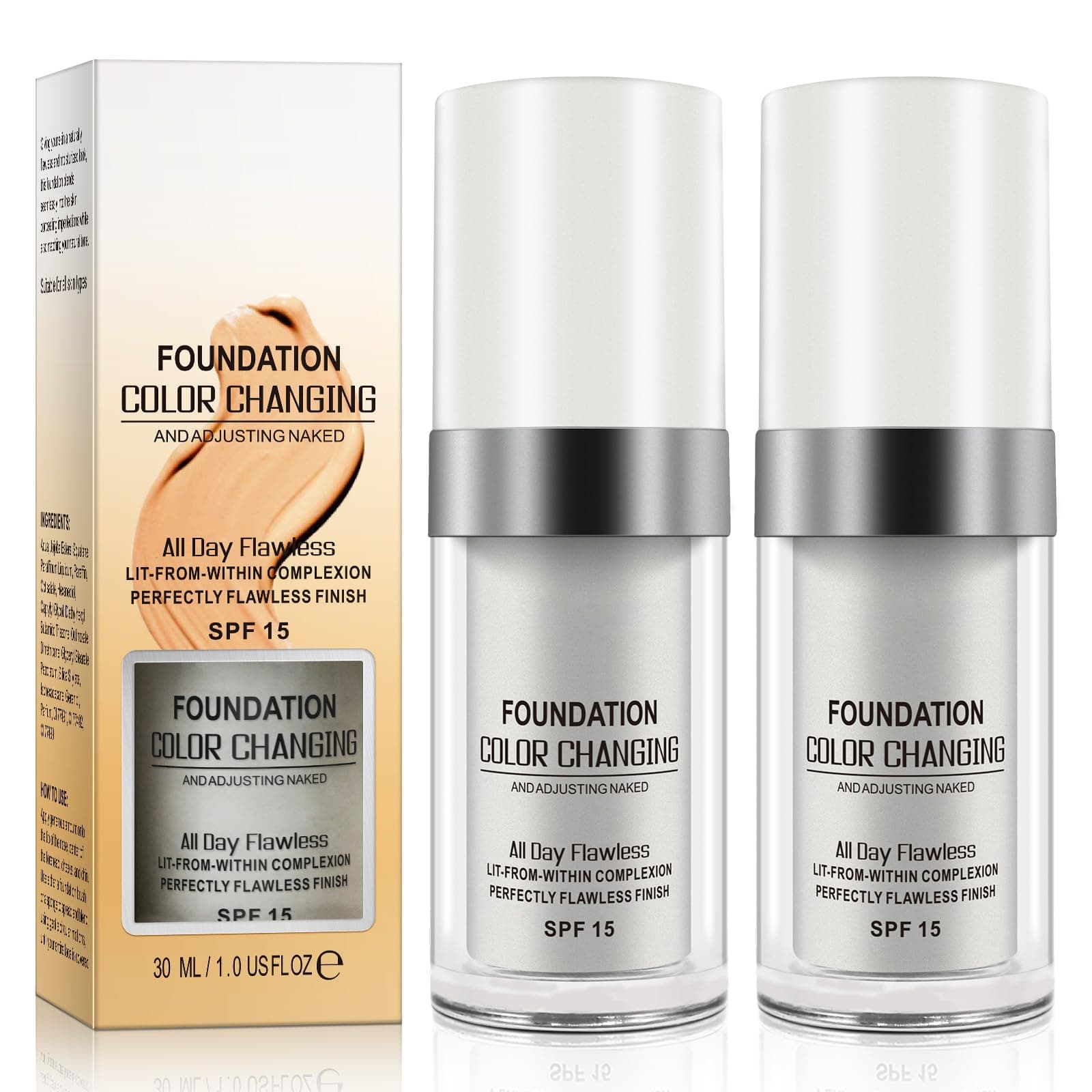 2 Pack Color Changing Foundation, Liquid Foundation For Aging Skin, Face Cover Concealer Foundation, Long-lasting Moisturizing for Natural Nude Base, Makes Skin Tone Smooth and Even - 30ml