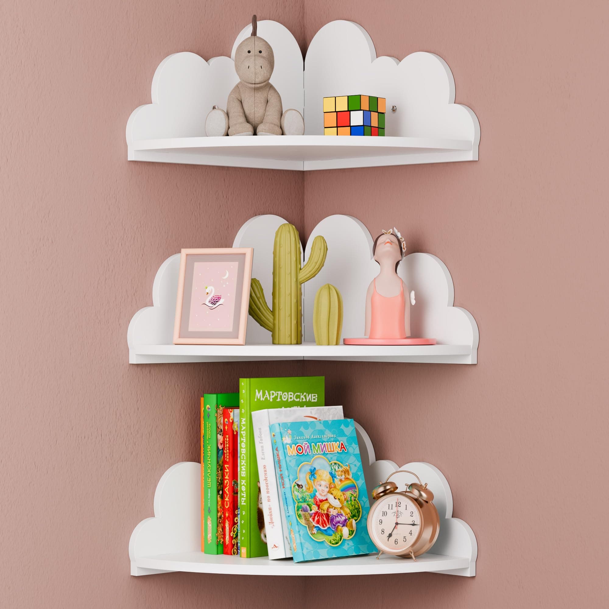 Cloud Floating Corner Shelves - Set of 3 Cloud Corner Wall Shelves for Kid’s Room, White Floating Shelf Nursery Wall Deor, Small Cute Clouds Dispaly Shelf for Toys, Plants & Storage.