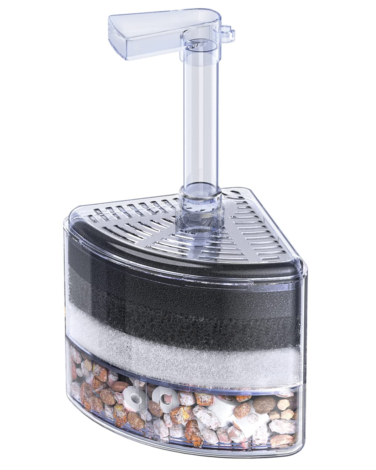 Aquarium Corner Sponge Filter Quiet Betta Fry Shrimp and Small Fish Bio Foam Filter with Natural Stones Gravels and Ceramic Rings for Fish Tanks up to 30 Gallons (Air Pump Not Included)