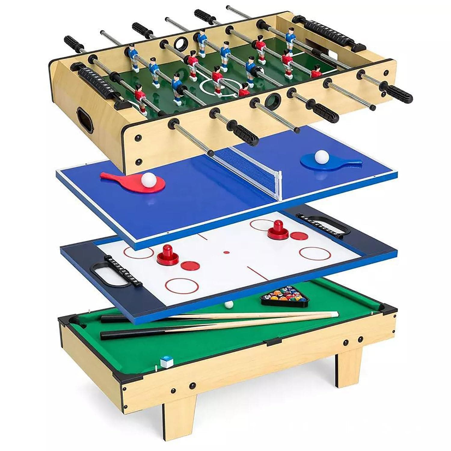 Funito 4-in-1 Multi Game Table, Childrens Combination Arcade Set for Home, Play Room, Rec Room w/Pool Billiards, Air Hockey, Foosball and Table Tennis