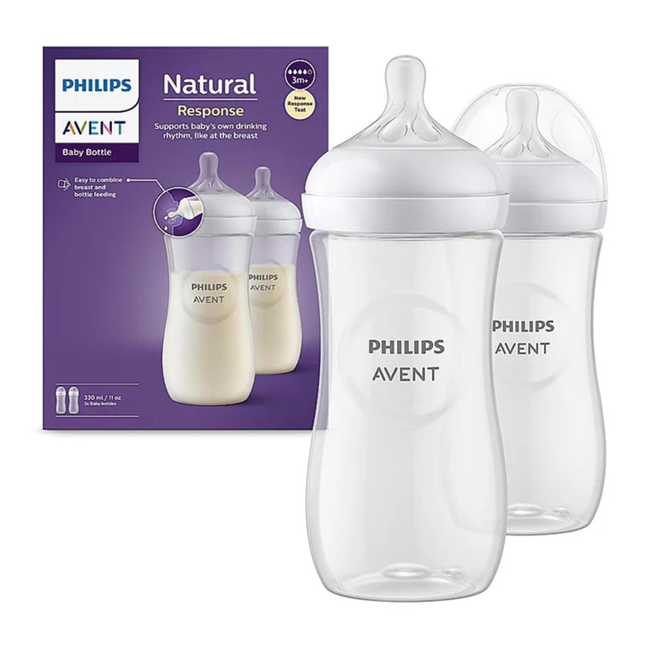 Philips Avent Natural Response Plastic Baby Bottle - 330Ml Pack of 2 |Baby Milk Bottle |Bpa Free for Babies with 3M+ Teat (SCY906/02)