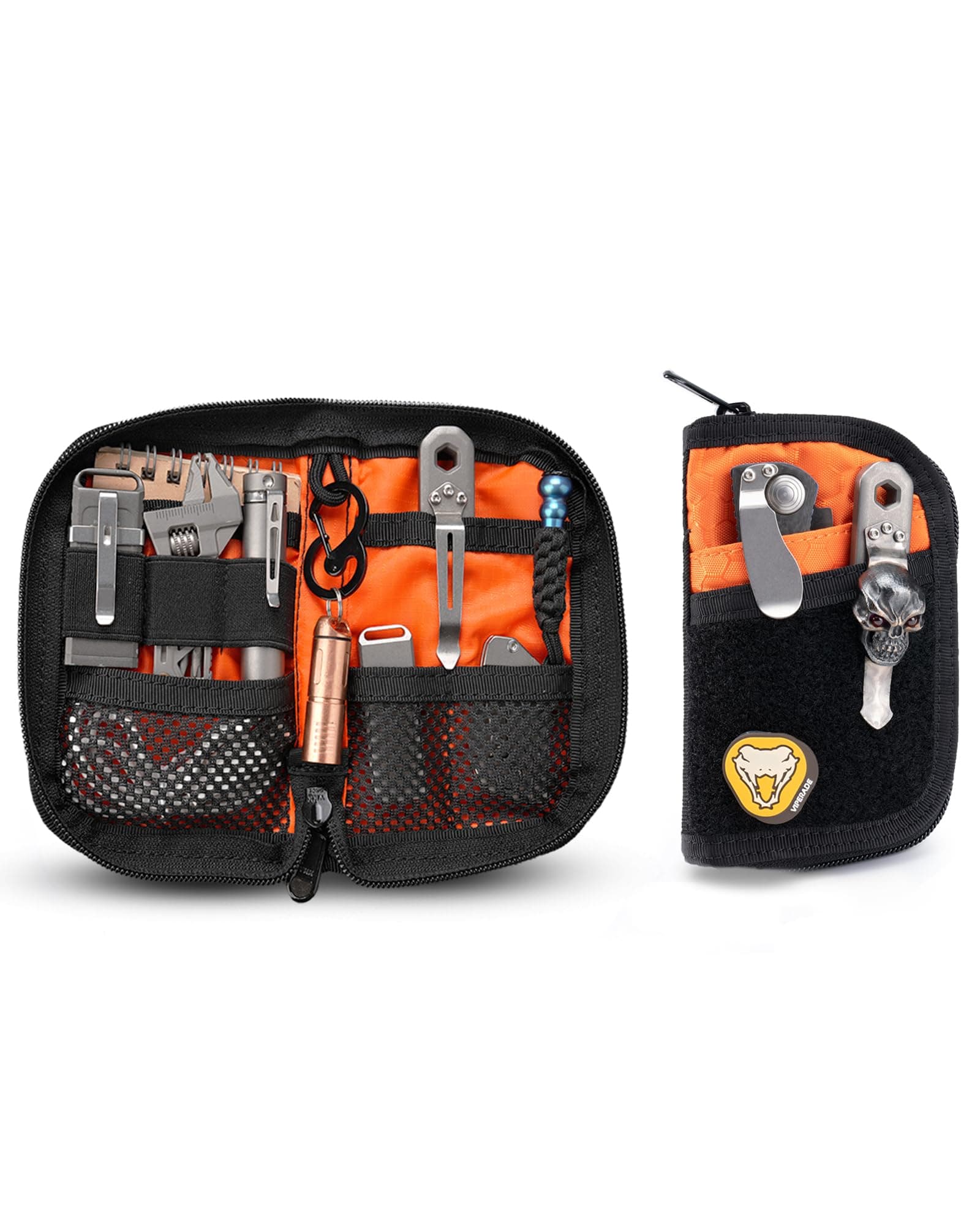VE10 EDC Pouch Small Pocket Tool Pouch with 10 Compartments, Men's Pocket Organizer for Multitools, EDC Organizer with Patches Area for DIY (Black+Orange)