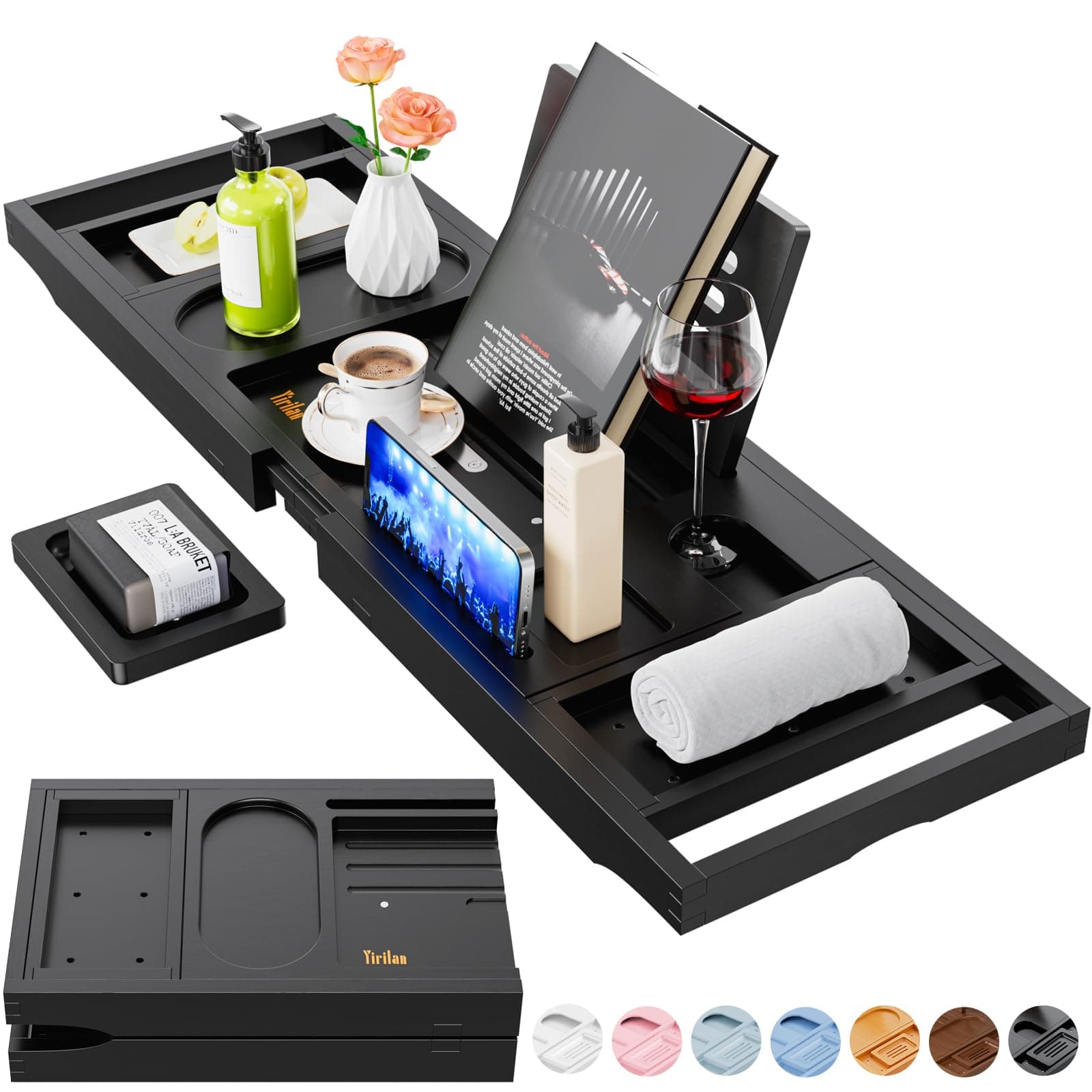 Yirilan Bamboo Bath Tray, Foldable Premium bath caddy, Adjustable bath board with Book Rest, Extendable Wooden Tray Bath shelf – Fits Most Bath Sizes-black