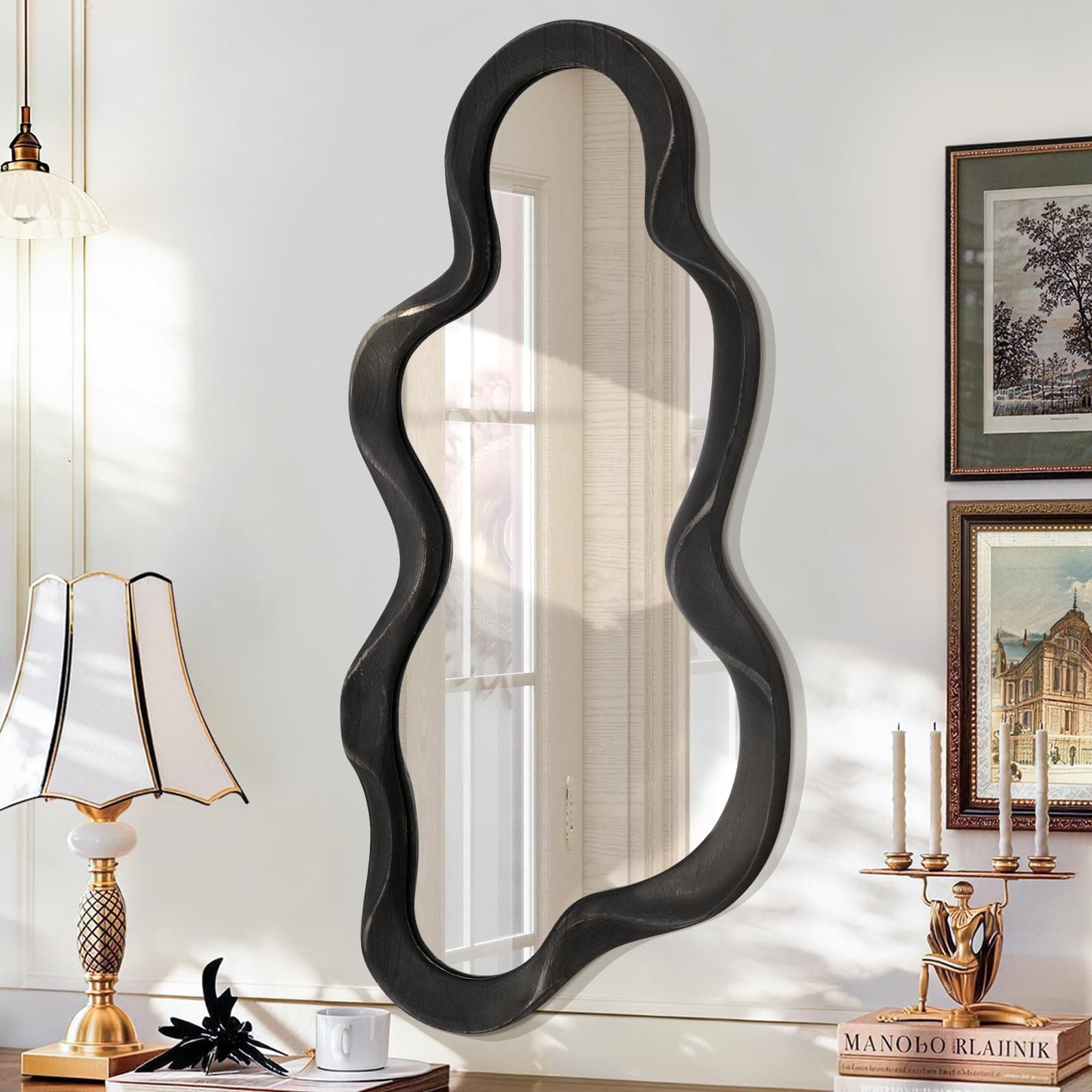 Large Asymmetrical Mirror Irregular Modern Cloud Wall Mirror Wood Frame Unique Artistic Wavy Mirror Wall Mounted Vanity Mirror Decorative for Living Room Bedroom Bathroom Entryway Hallway 30"x14"