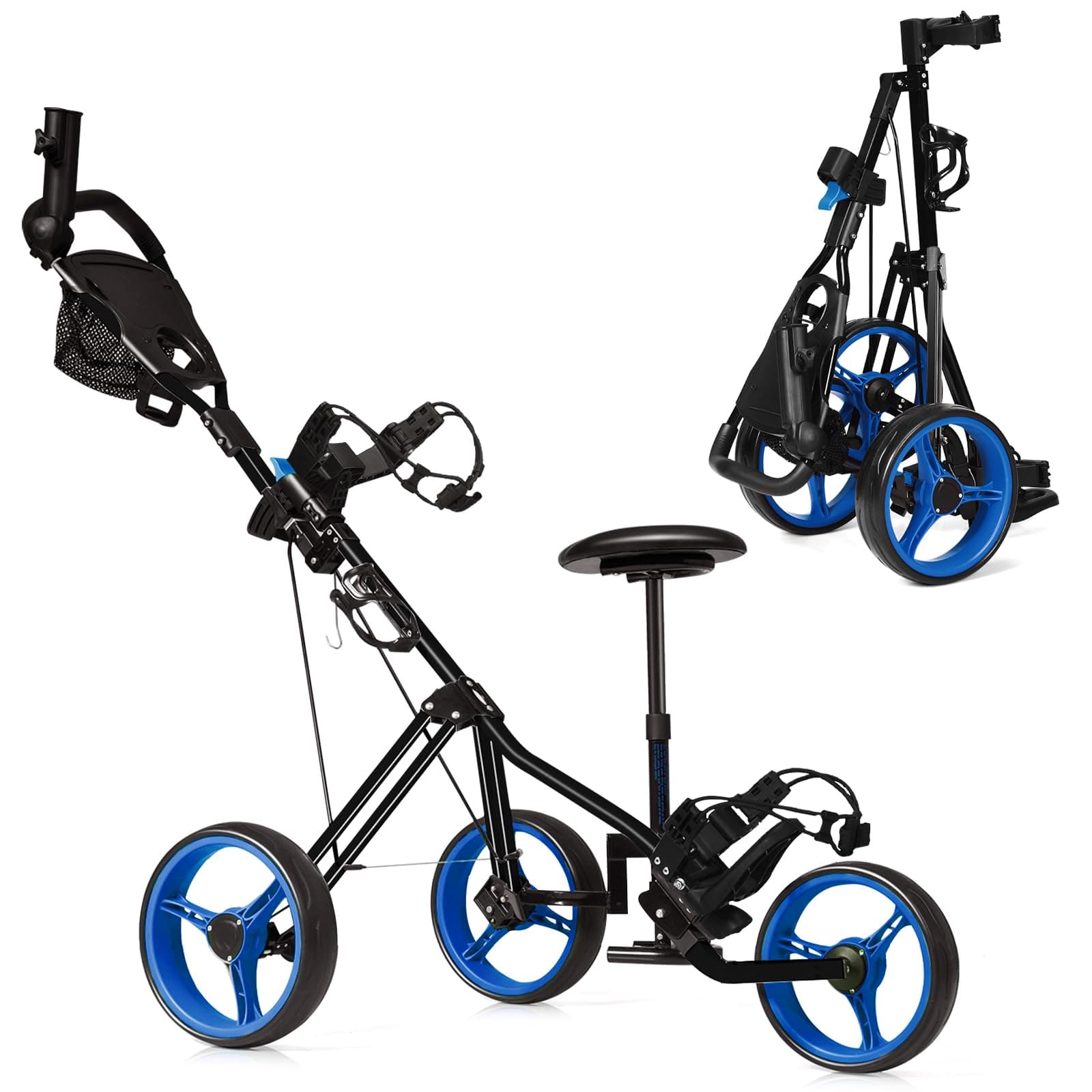 TangkulaGolf Push Pull Cart with Seat, Lightweight Foldable Collapsible 3 Wheels Golf Push Cart, Golf Trolley with Foot Brake, Adjustable Umbrella Holder & Seat, 4 Height Position Handle