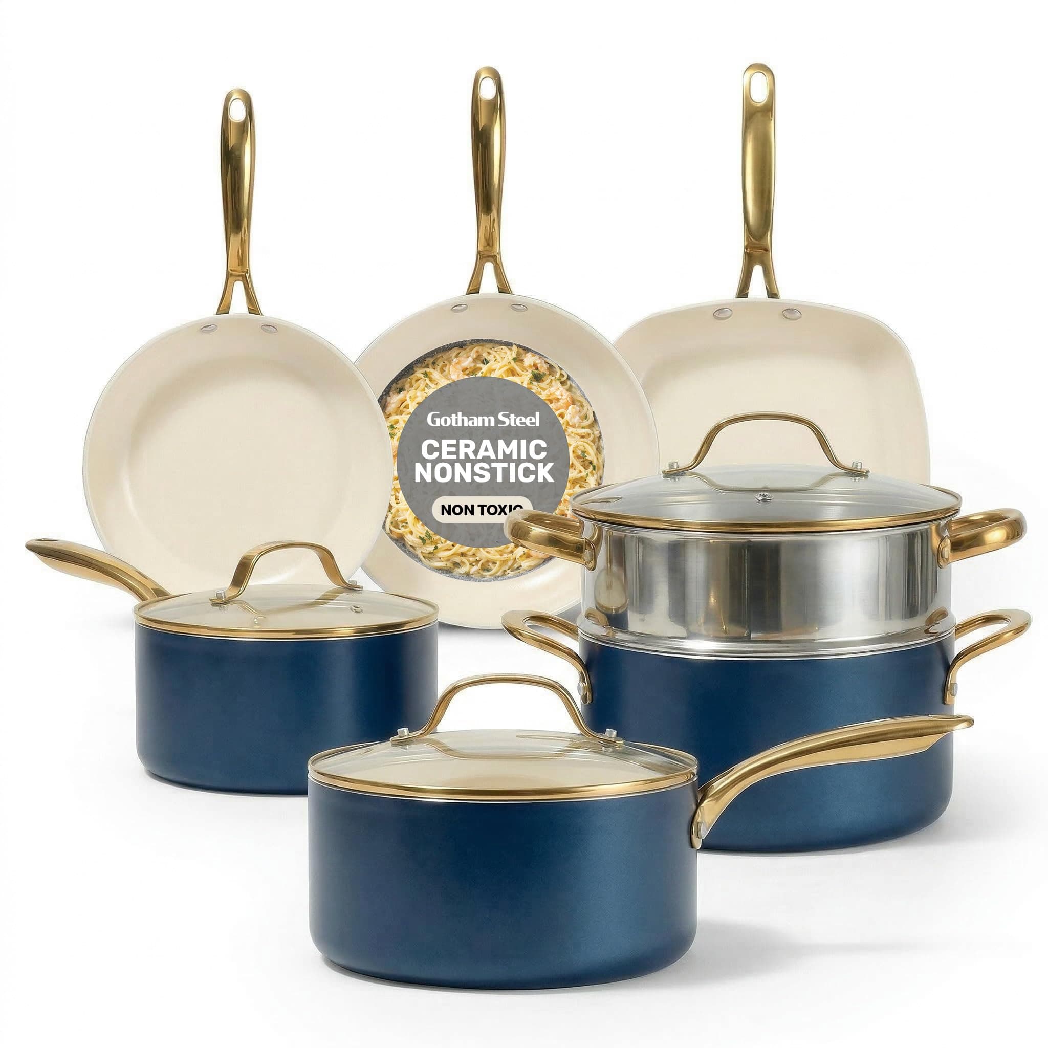 12 Pc Ceramic Pots and Pans Set Non Stick, Kitchen Cookware Sets, Pot and Pan Set, Ceramic Cookware Set, Non Toxic Cookware Set, Non Stick Pots and Pan Set, Dishwasher Safe - Cream Navy…